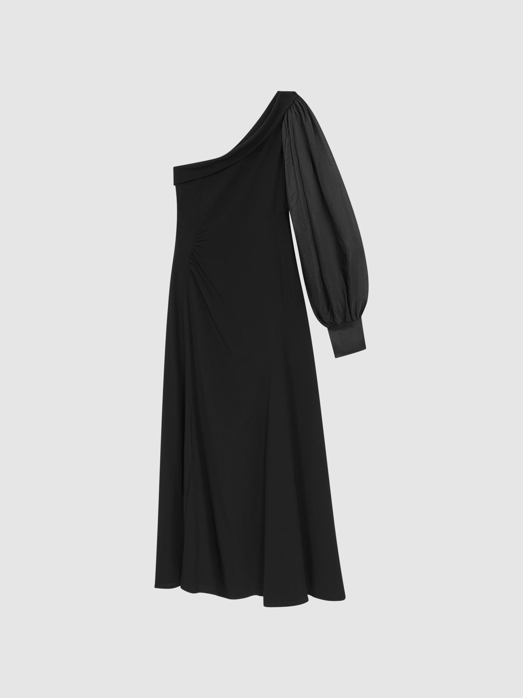 One-Shoulder Blouson Sleeve Midi Dress in Black Product Image