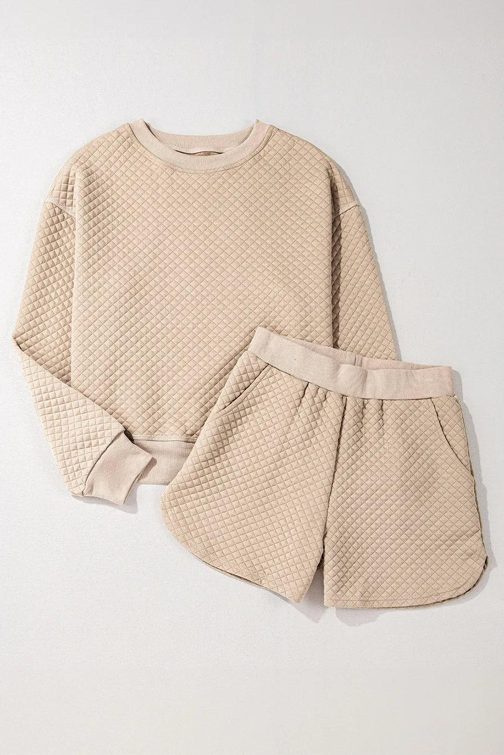 Quilted Round Neck Long Sleeve Top and Shorts Set Product Image