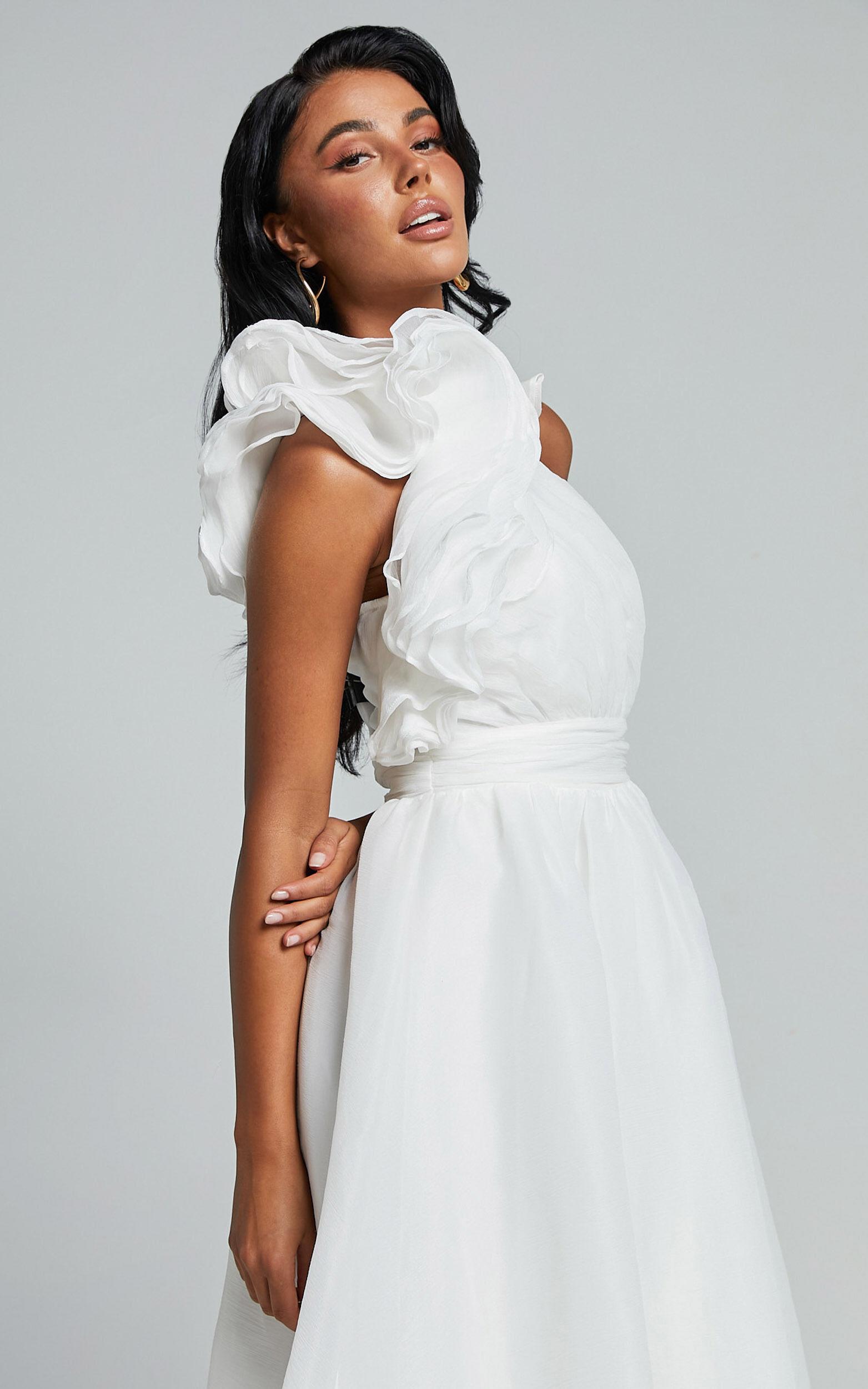 Tia Midi Dress - One Shoulder Frill Detail Fit & Flare Dress in White Product Image