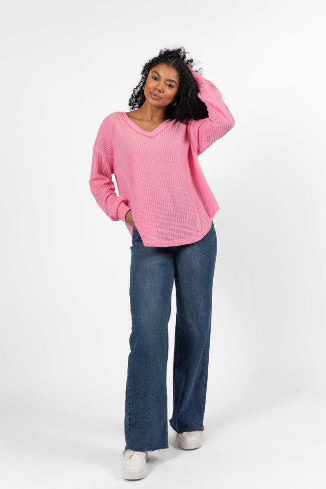 Idle Hands Pink Waffle Knit V-Neck Oversized Knit Top FINAL SALE Product Image