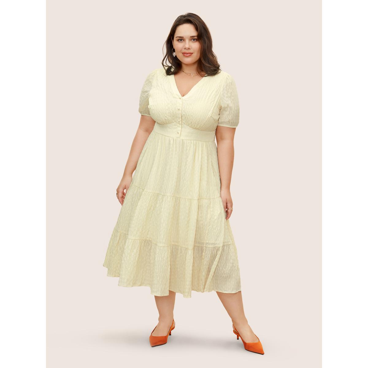 Plus Size V Neck Solid Textured Button Detail Dress Apricot Women Elegant Button V-neck Short sleeve Curvy BloomChic 10/M Product Image