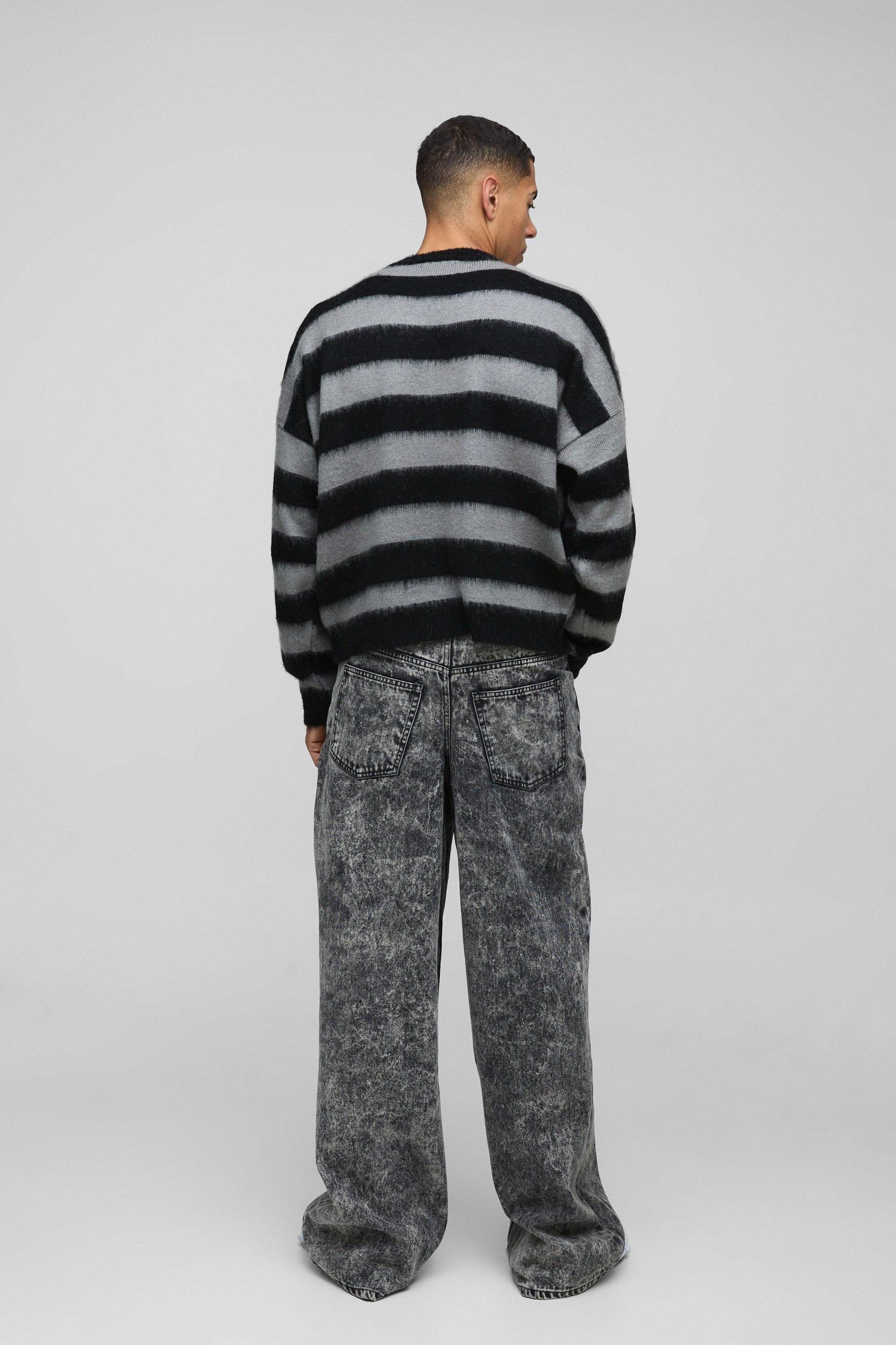 Boxy Brushed Stripe Print Knitted Sweater | boohooMAN USA Product Image