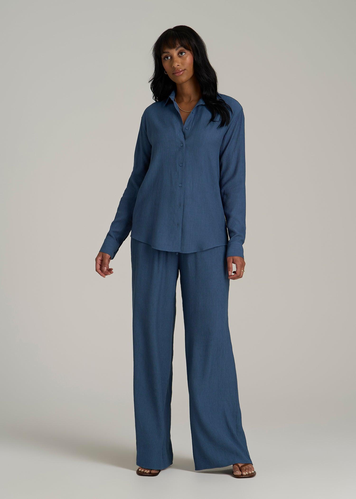 Long Sleeve Crinkle Blouse for Tall Women in Flag Blue Female Product Image