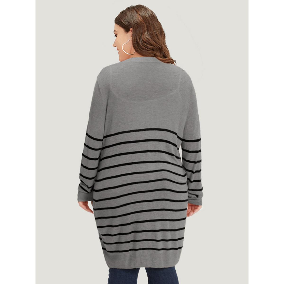 Plus Size Supersoft Essentials Striped Button Fly Tunic Cardigan Gray Women Casual Loose Long Sleeve Dailywear Cardigans BloomChic 14-16/1X Product Image