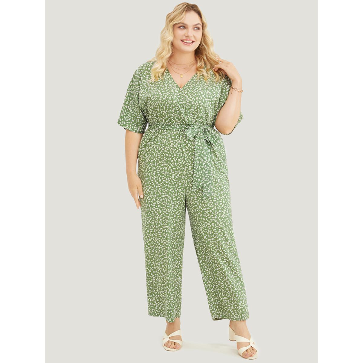 Plus Size Green Ditsy Floral Wrap Pocket Belt Batwing Sleeve Jumpsuit Women Elegant Half Sleeve V-neck Dailywear Loose Jumpsuits BloomChic 22-24/3X Product Image