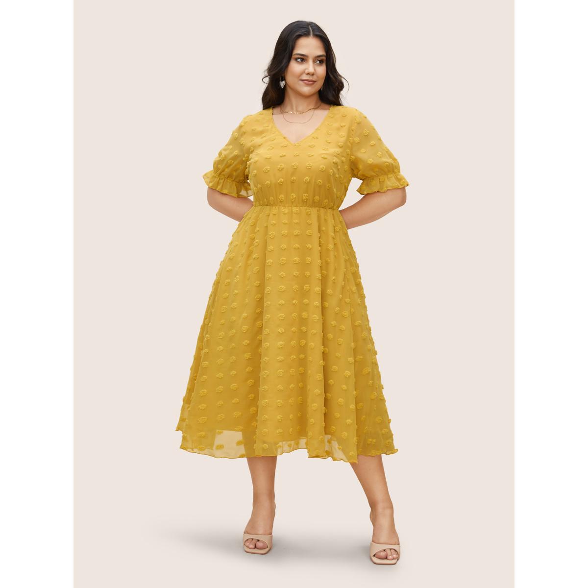 Plus Size Chiffon Plisse V Neck Elastic Waist Dress Gold Women Elegant Texture V-neck Short sleeve Curvy BloomChic 22-24/3X Product Image