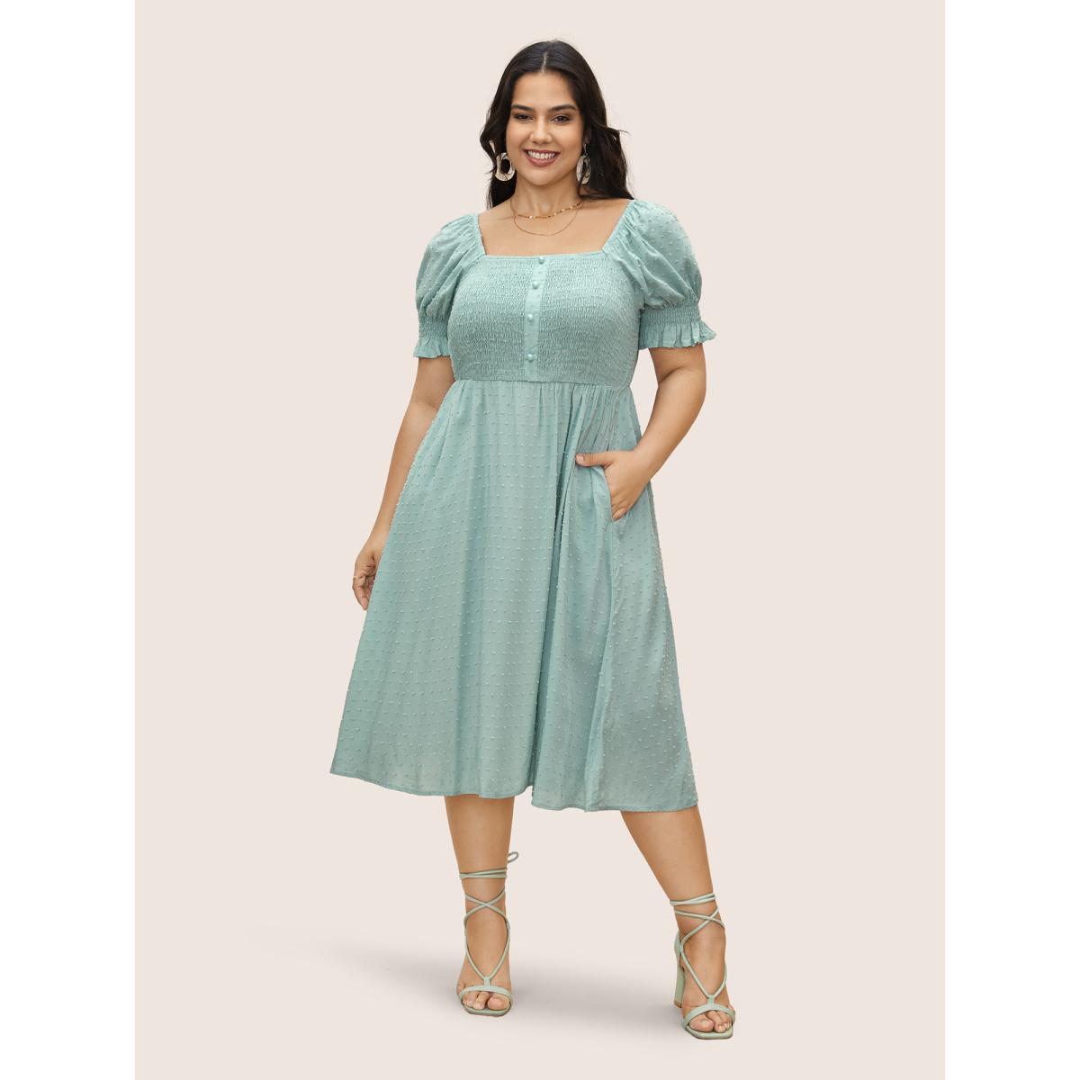 Plus Size Supersoft Essentials Solid Puff Sleeve Shirred Dress Turquoise Women Elegant Texture Square Neck Short sleeve Curvy BloomChic 12/L Product Image
