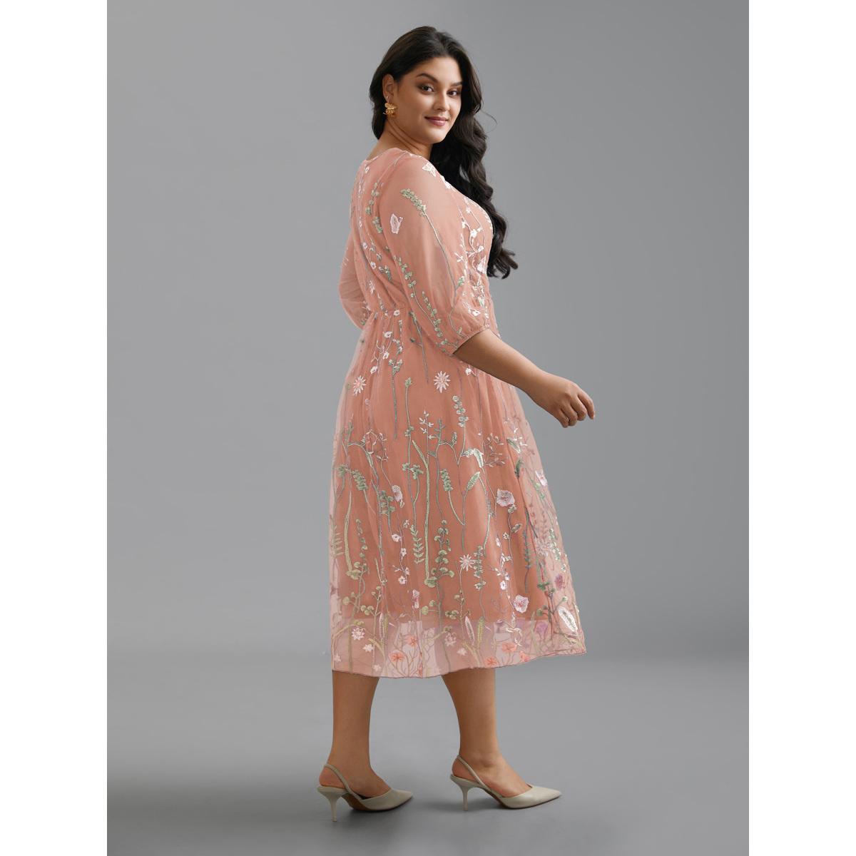 Plus Size Floral Embroidered Elastic Waist Lined Midi Dress Blush Women Formal Texture Party Curvy Bloomchic 14-16/1X Product Image
