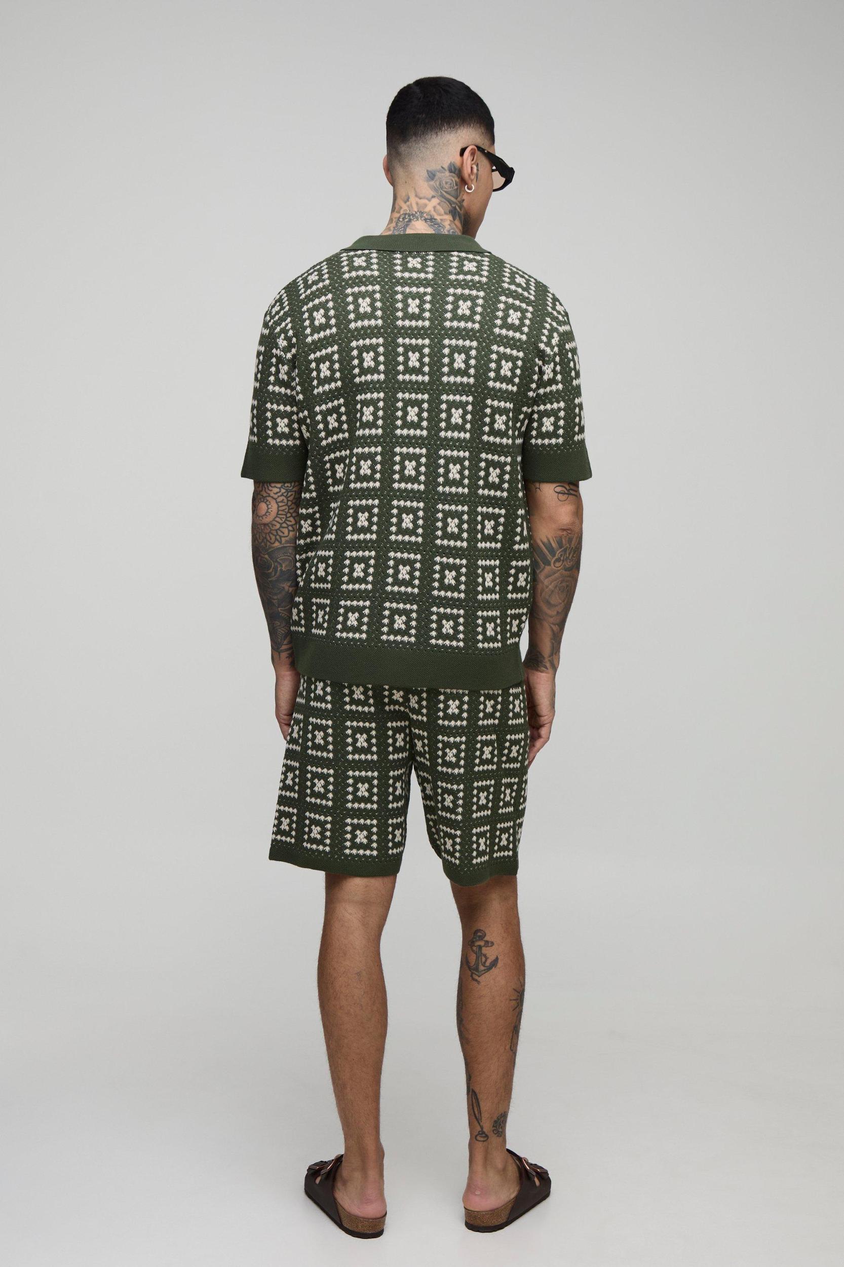 Tall Oversized Crochet Shirt & Short Set | boohooMAN USA Product Image