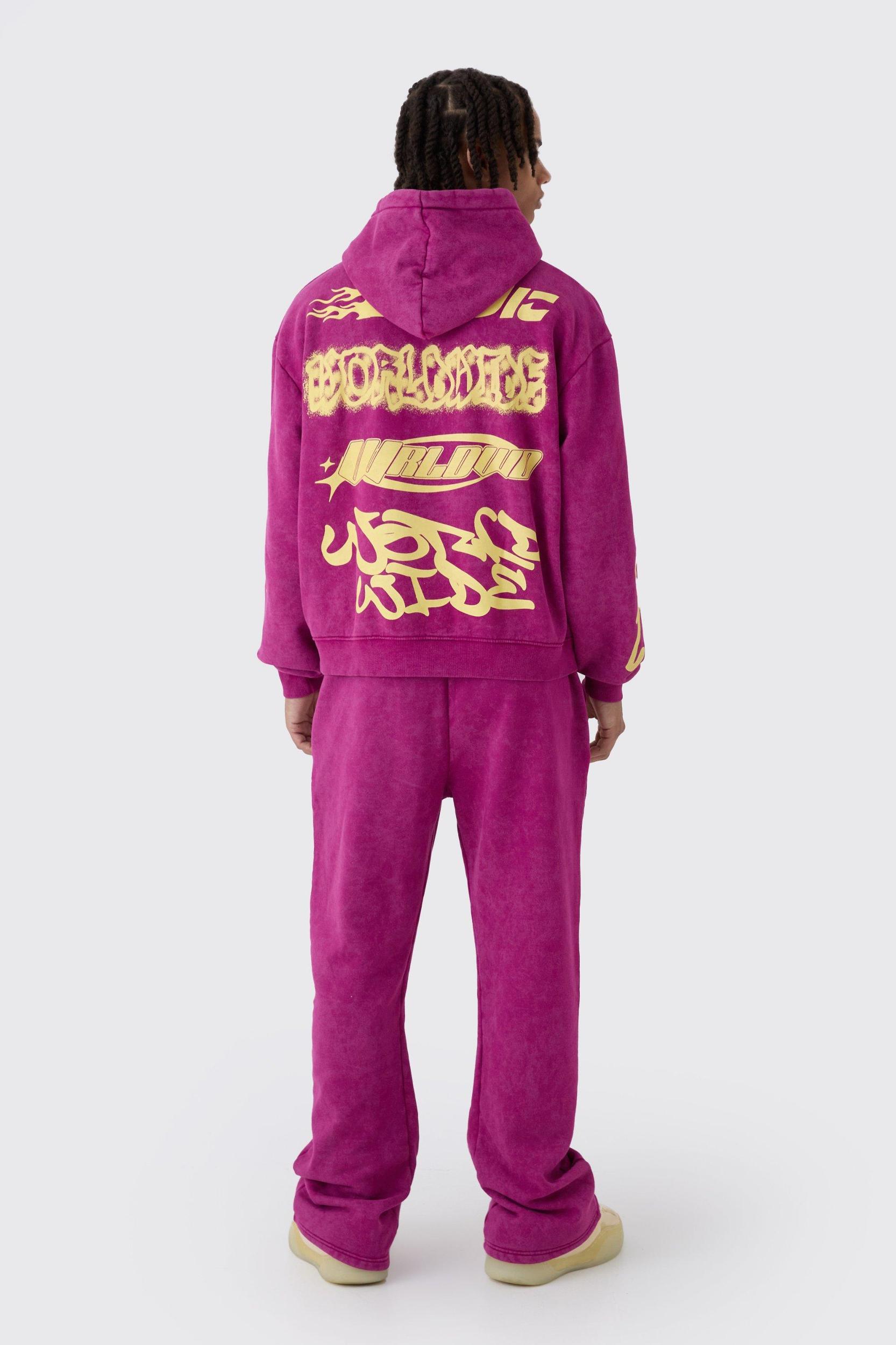 Oversized Boxy Moto Puff Print Wash Hooded Tracksuit | boohooMAN USA Product Image