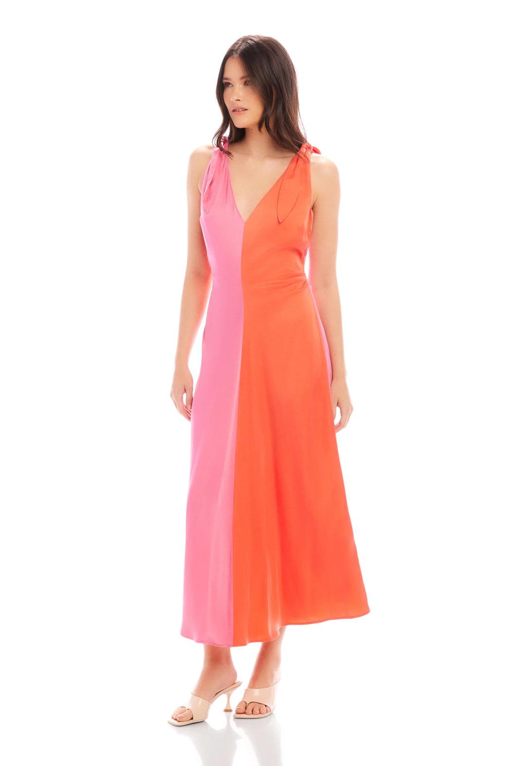 Verity Two-Tone Midi Dress- Coral/Pink Product Image