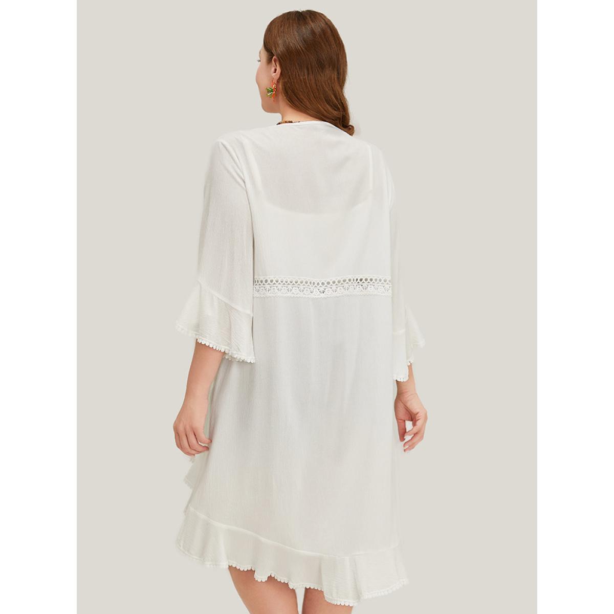 Plus Size Plain Ruffle Sleeve Open Front Eyelet Lace Kimono Women White Vacation Loose Dailywear Kimonos BloomChic 14-16/1X Product Image