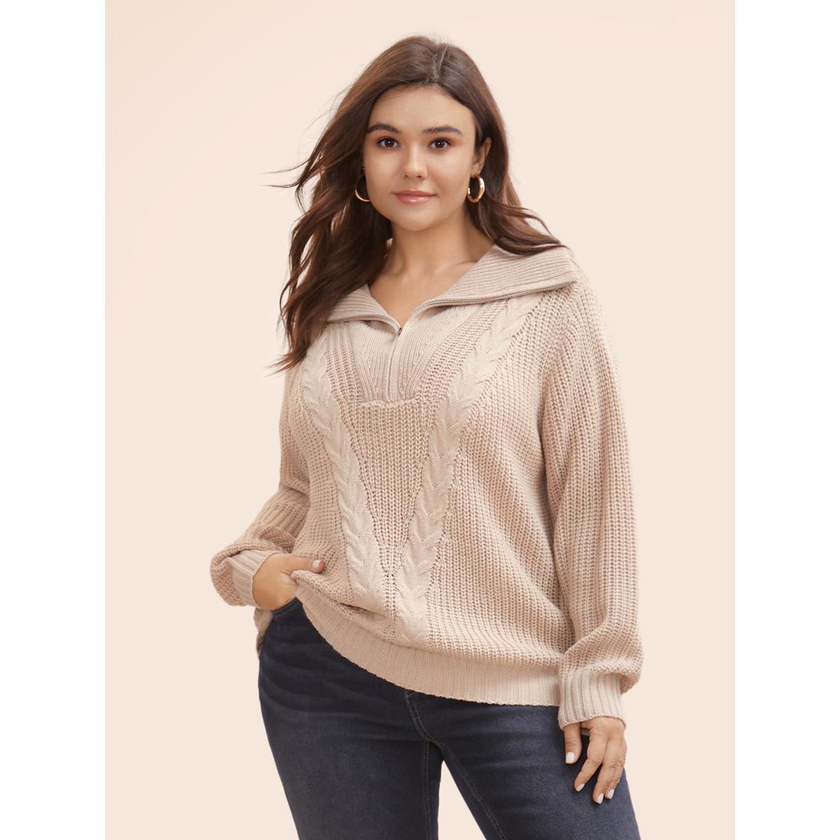 Plus Size Lapel Collar Half Zip Cable Knit Pullover Apricot Women Casual Long Sleeve Lapel Collar Everyday Pullovers BloomChic 26/4X Product Image