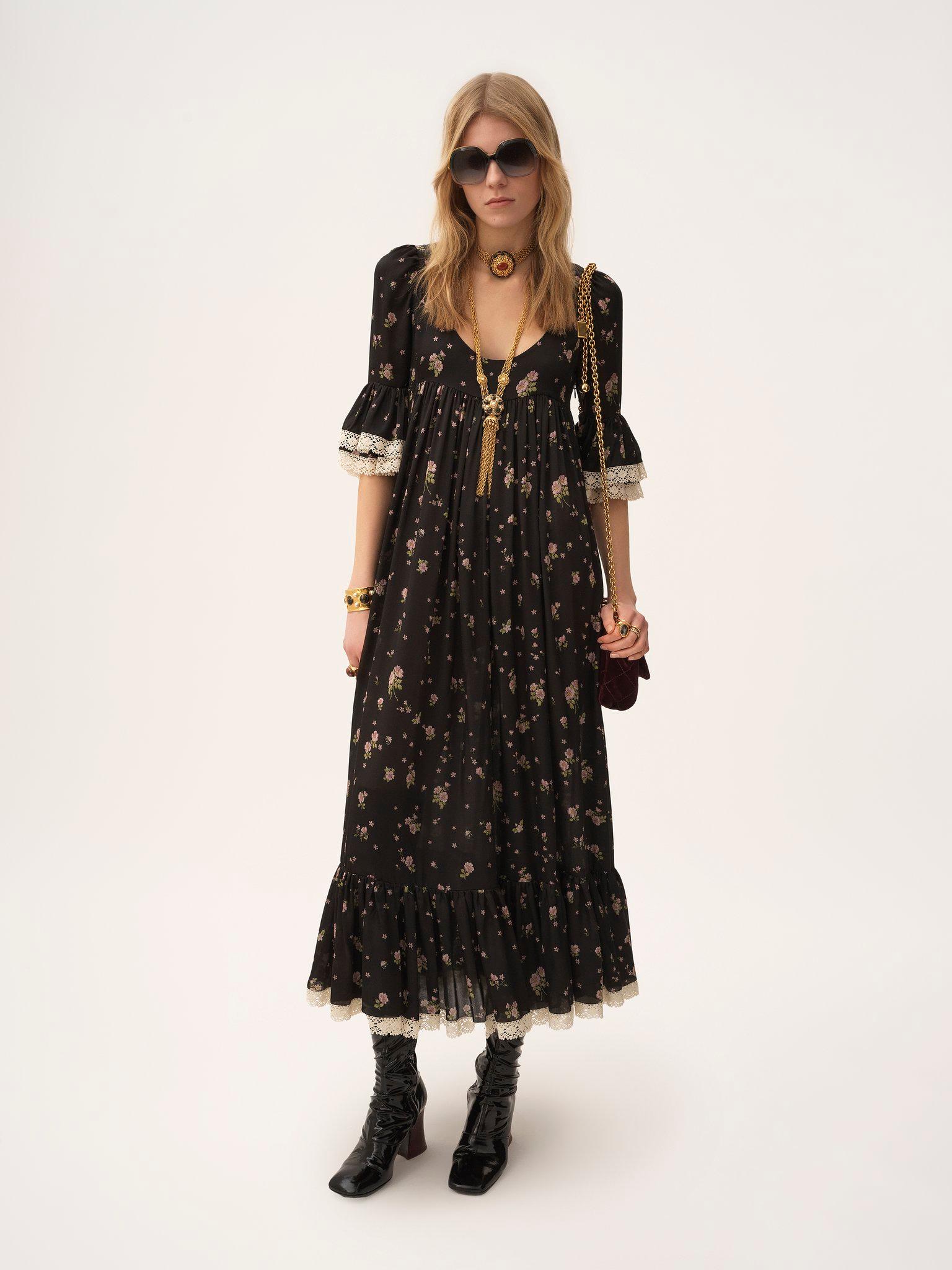 Scoop-neck midi dress in silk charmeuse & lace Product Image