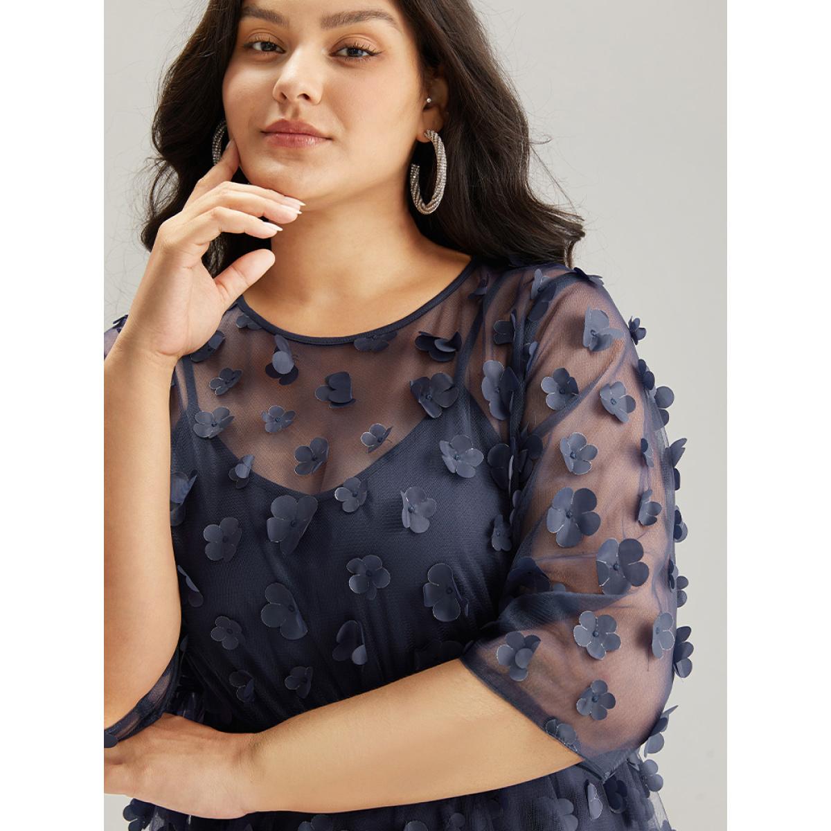 Plus Size Floral Embroidered Mesh Elastic Waist Crew Neck Dress DarkBlue Women Glamour See through Round Neck Elbow-length sleeve Curvy Knee Dress BloomChic 22-24/3X Product Image