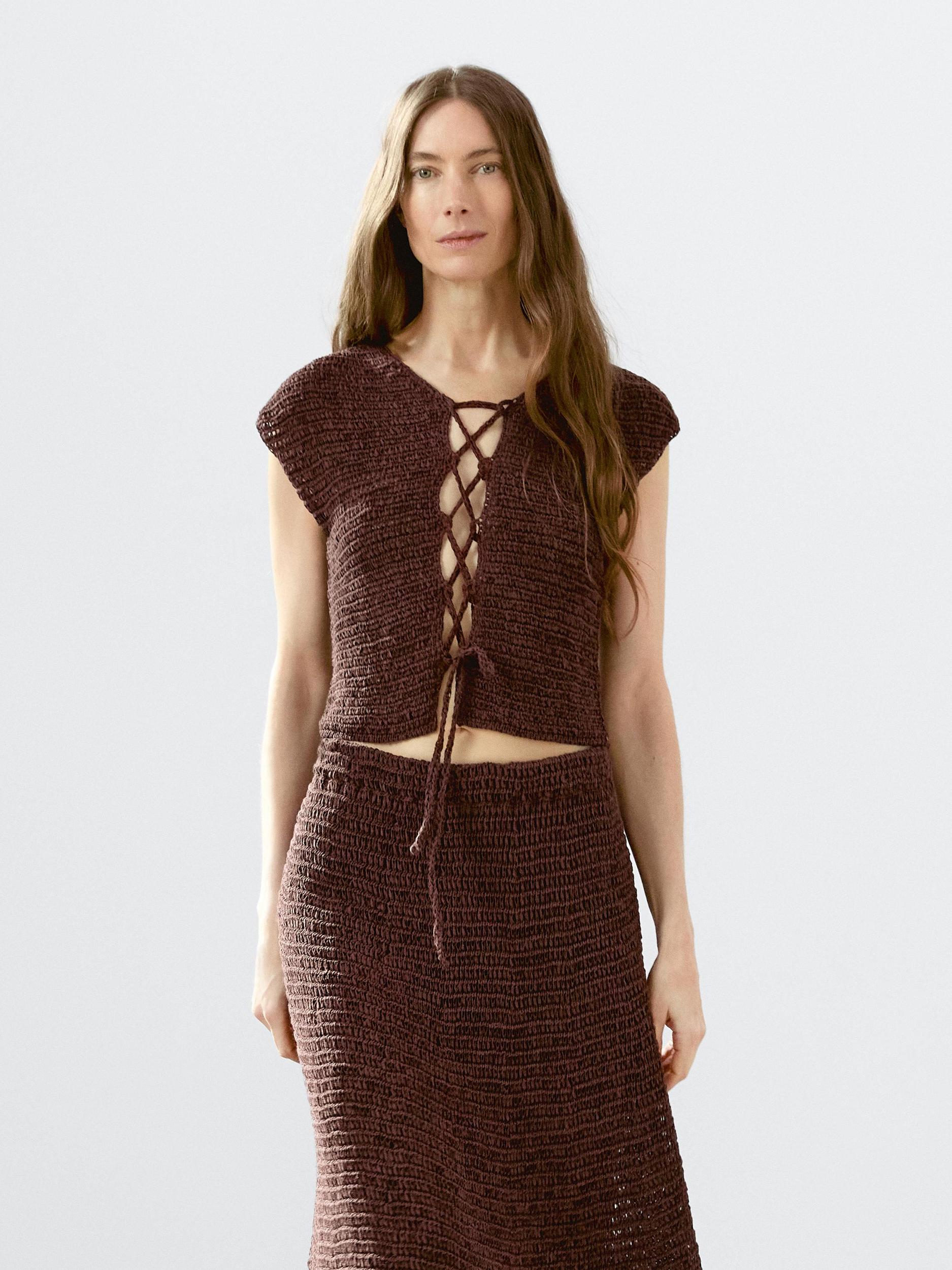 Cotton blend crochet waistcoat with tie detail Product Image