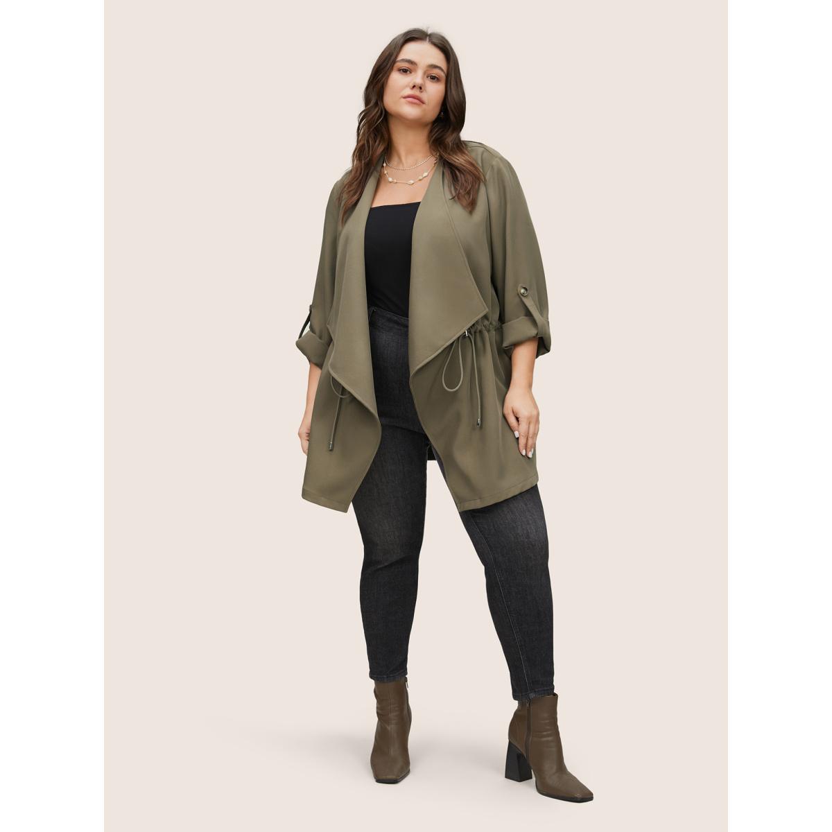 Plus Size Solid Drawstring Asymmetrical Neck Tab Sleeve Jacket Women LightBrown Non Everyday Jackets BloomChic 12/L Product Image