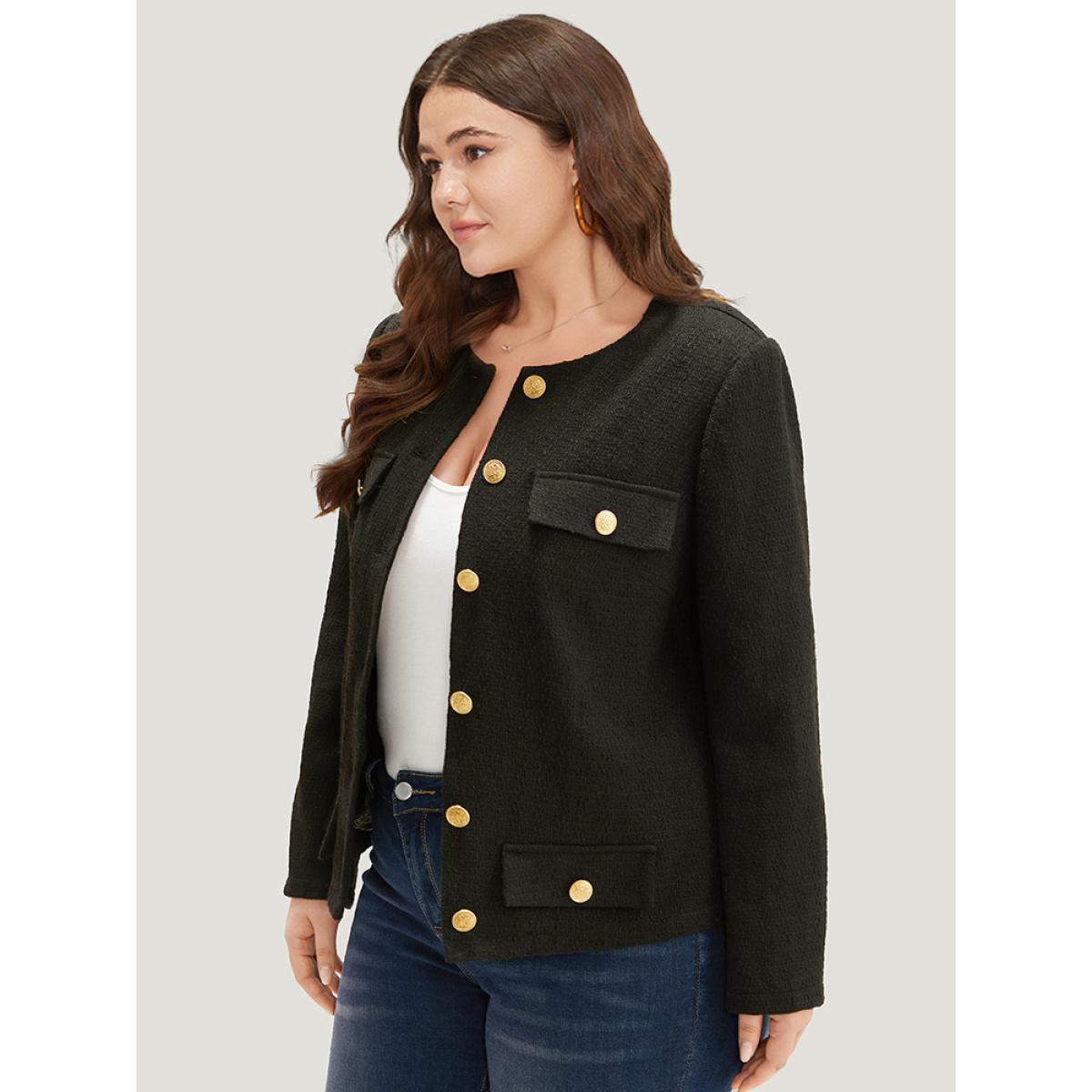 Plus Size Plain Tweed Texture Buckle Detail Blazer Women Black Texture Office Jackets BloomChic 10/M Product Image
