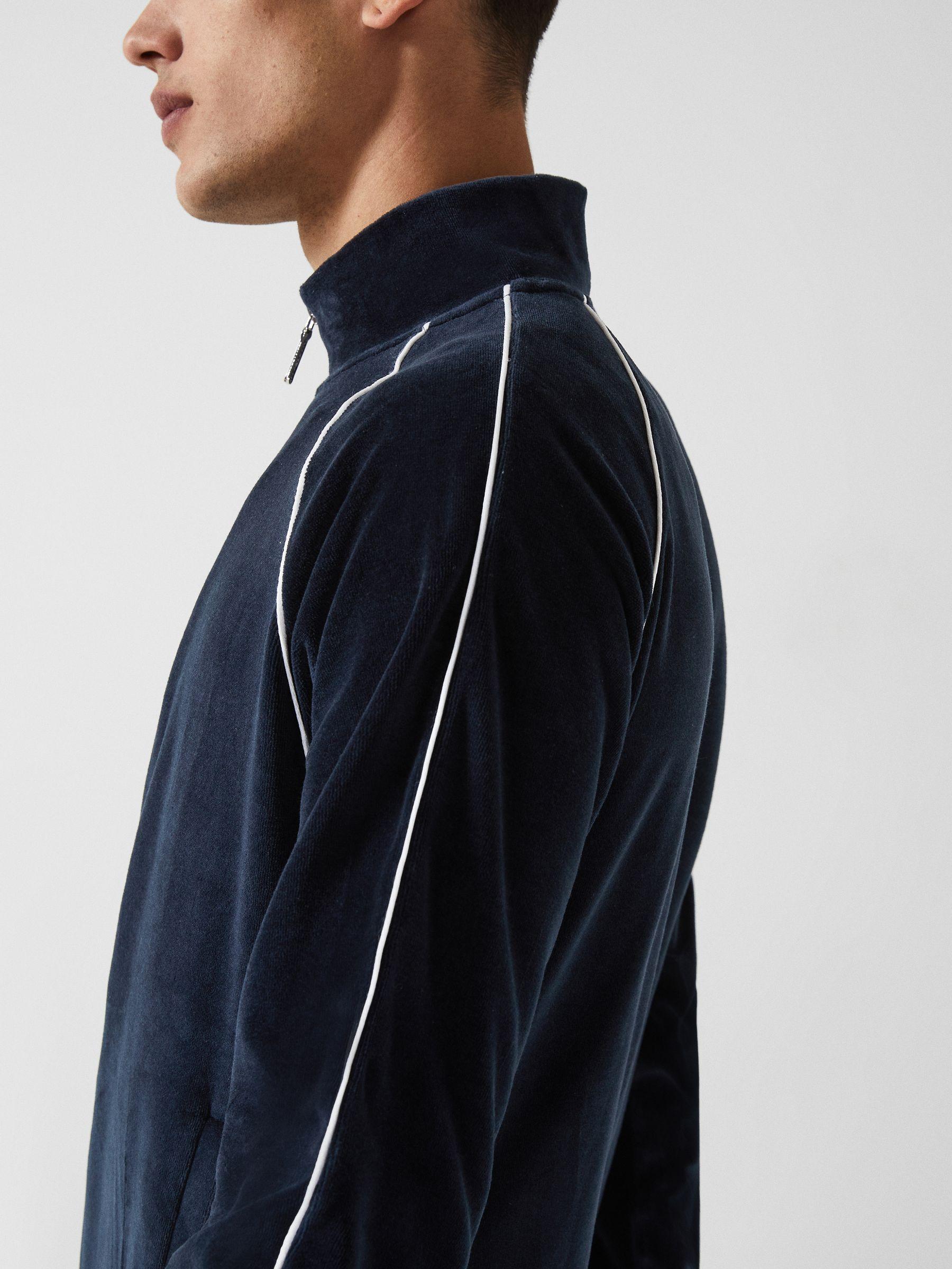 Velour Zip Through Jacket With Piping in Navy Product Image