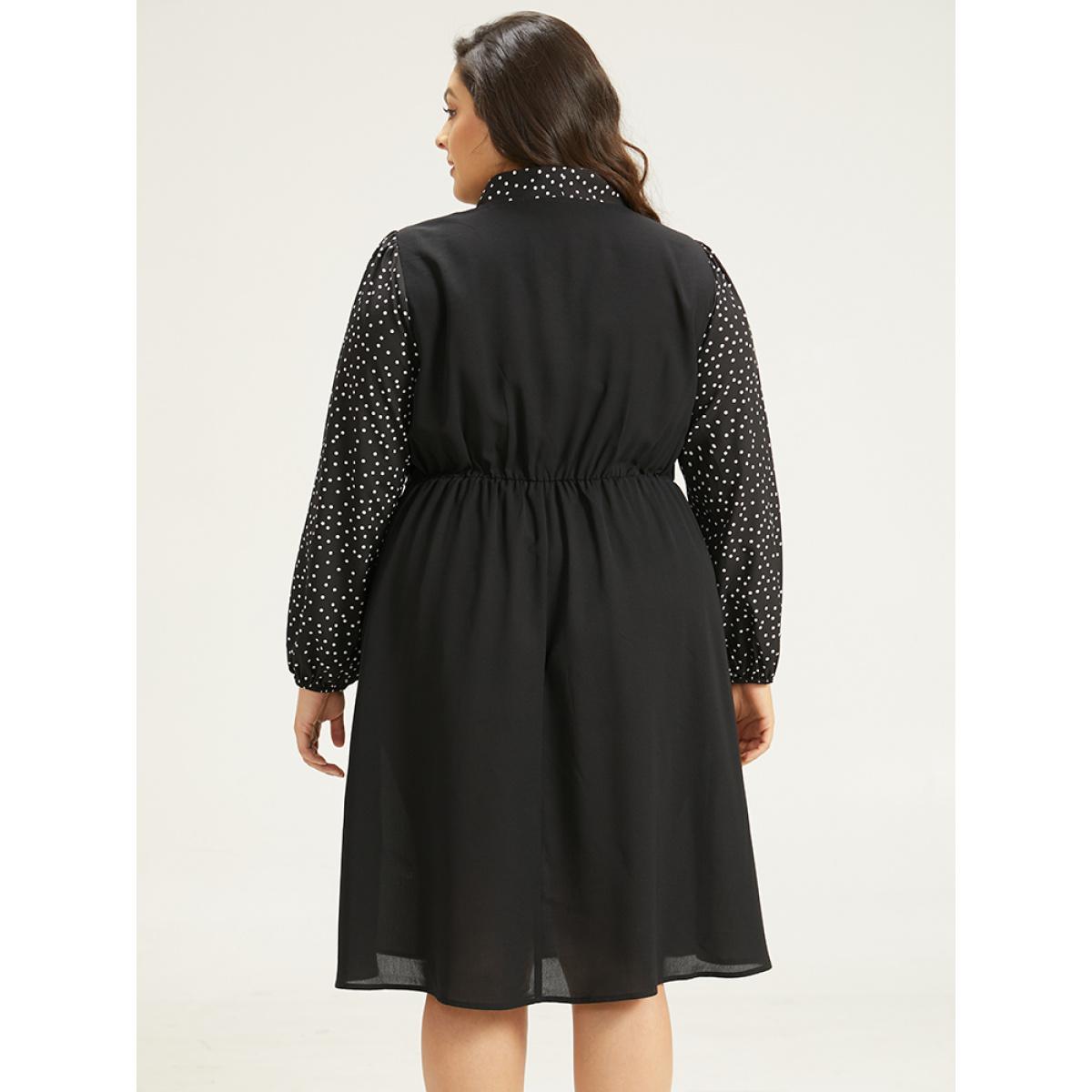 Plus Size Polka Dot Ties Pocket Button Detail Dress Black Women Office Elastic cuffs Tie Neck Long Sleeve Curvy Knee Dress BloomChic 14-16/1X Product Image
