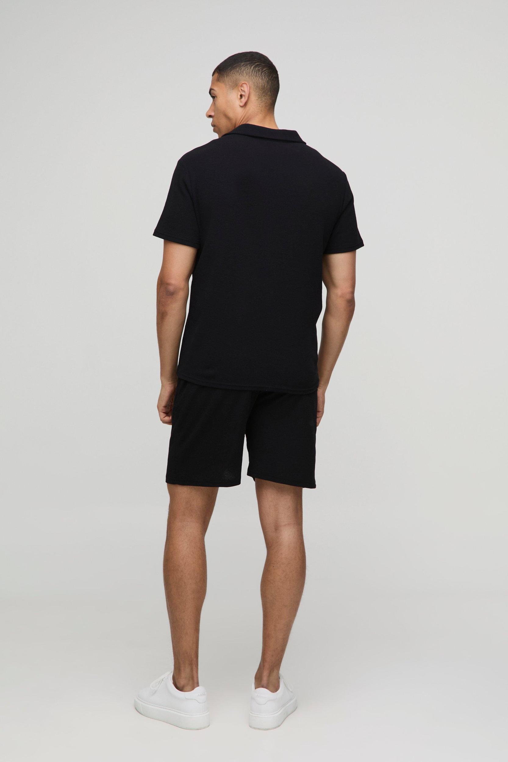 Regular Fit Textured Revere Collar Jersey Slub Shirt and Shorts Set | boohooMAN USA Product Image
