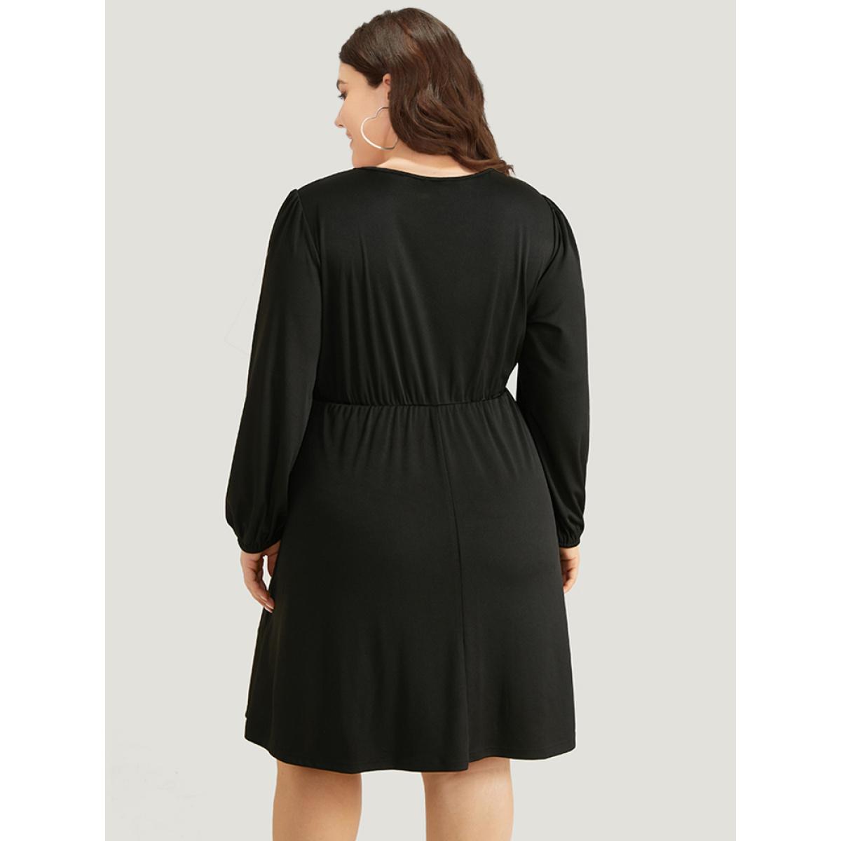 Plus Size Halloween Plain PU Crisscross Patchwork Pocket Dress Black Women Elegant Elastic cuffs V-neck Long Sleeve Curvy Knee Dress BloomChic 12/L Product Image