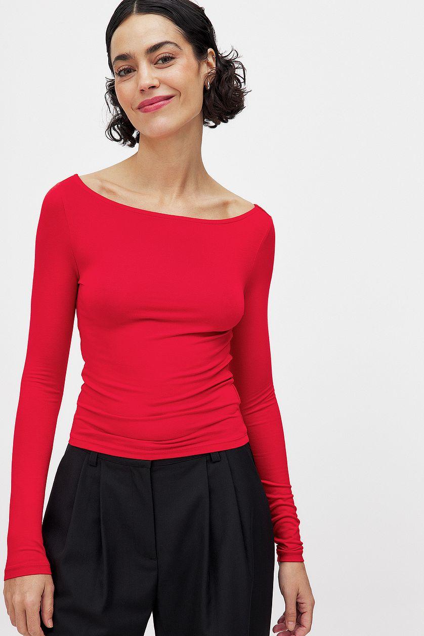 Boat Neck Long Sleeve Top Grey Product Image