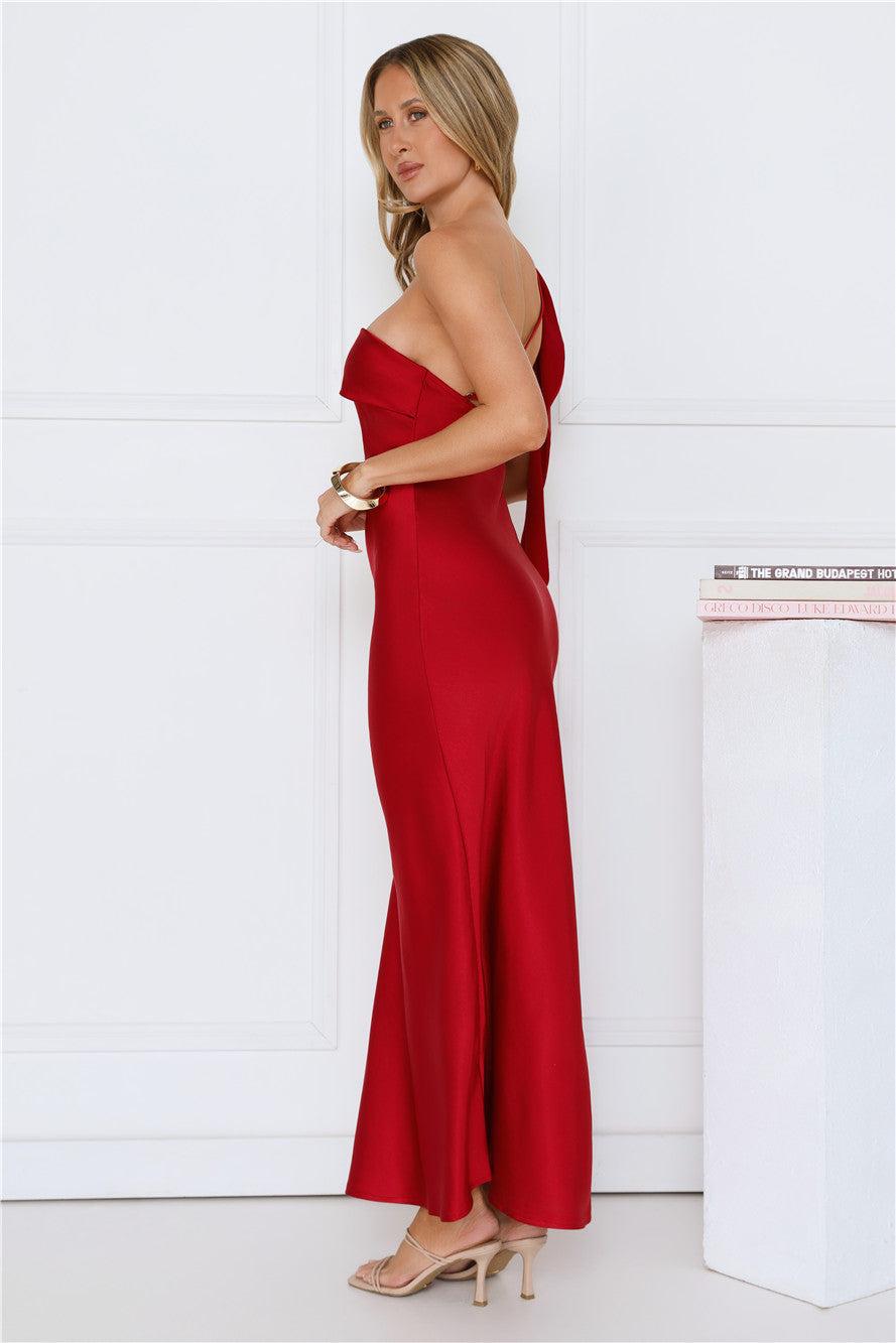 Romantic Tales Satin One Shoulder Maxi Dress Red Product Image