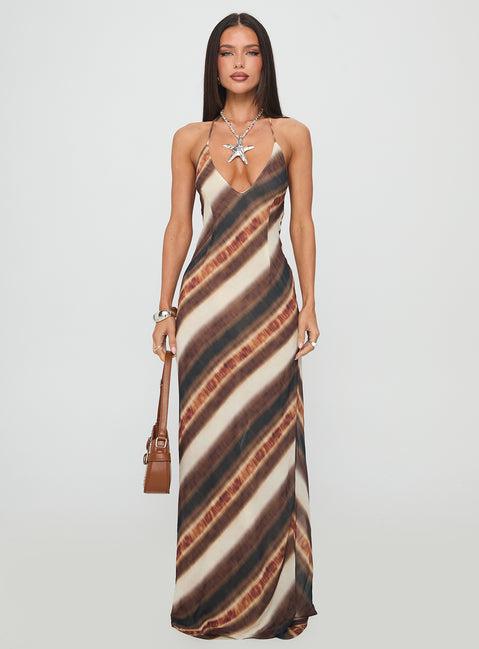 Esmira Halter Maxi Dress Brown Stripe Product Image