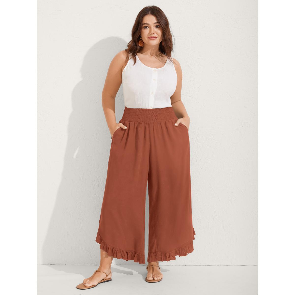 Plus Size Ruffled Curvy Hem Wide-Leg Pants Women Plum Boho Wide Leg Mid Rise Vacation Pants BloomChic 10/M Product Image