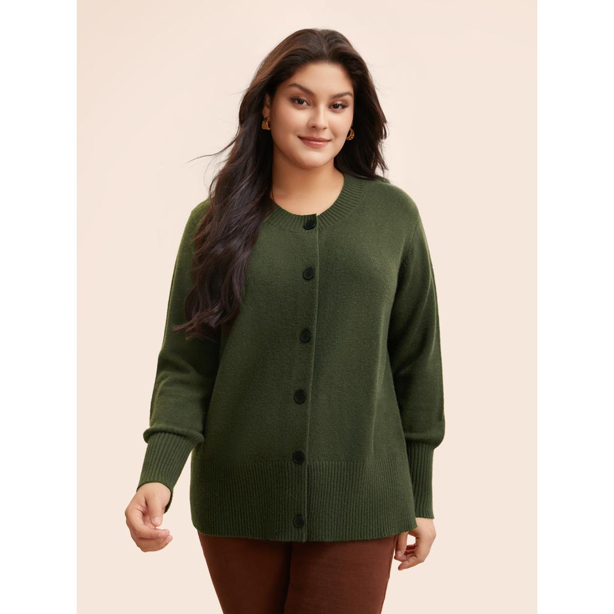Plus Size Plain Round Neck Button Through Cardigan DarkGreen Women Casual Long Sleeve Everyday Cardigans BloomChic 30/6X Product Image