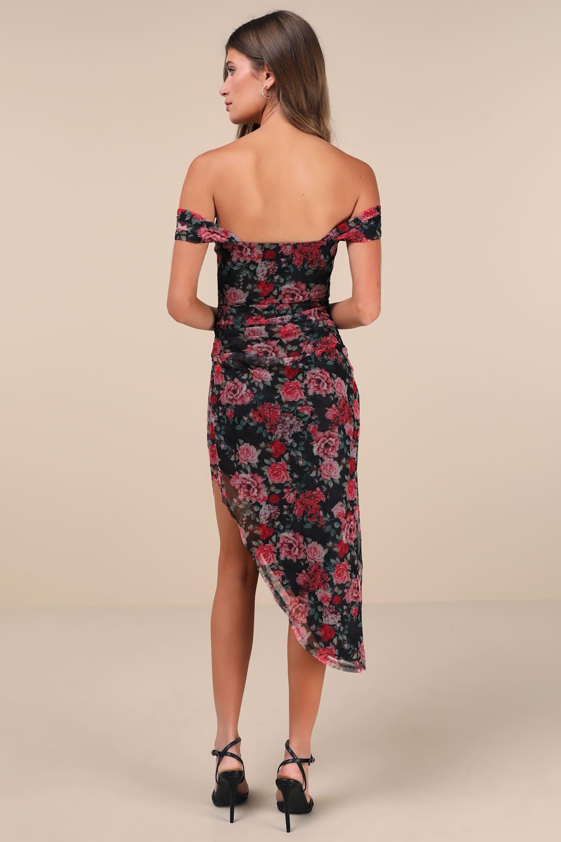 Idyllic Beauty Black Floral Off-The-Shoulder Midi Dress Product Image