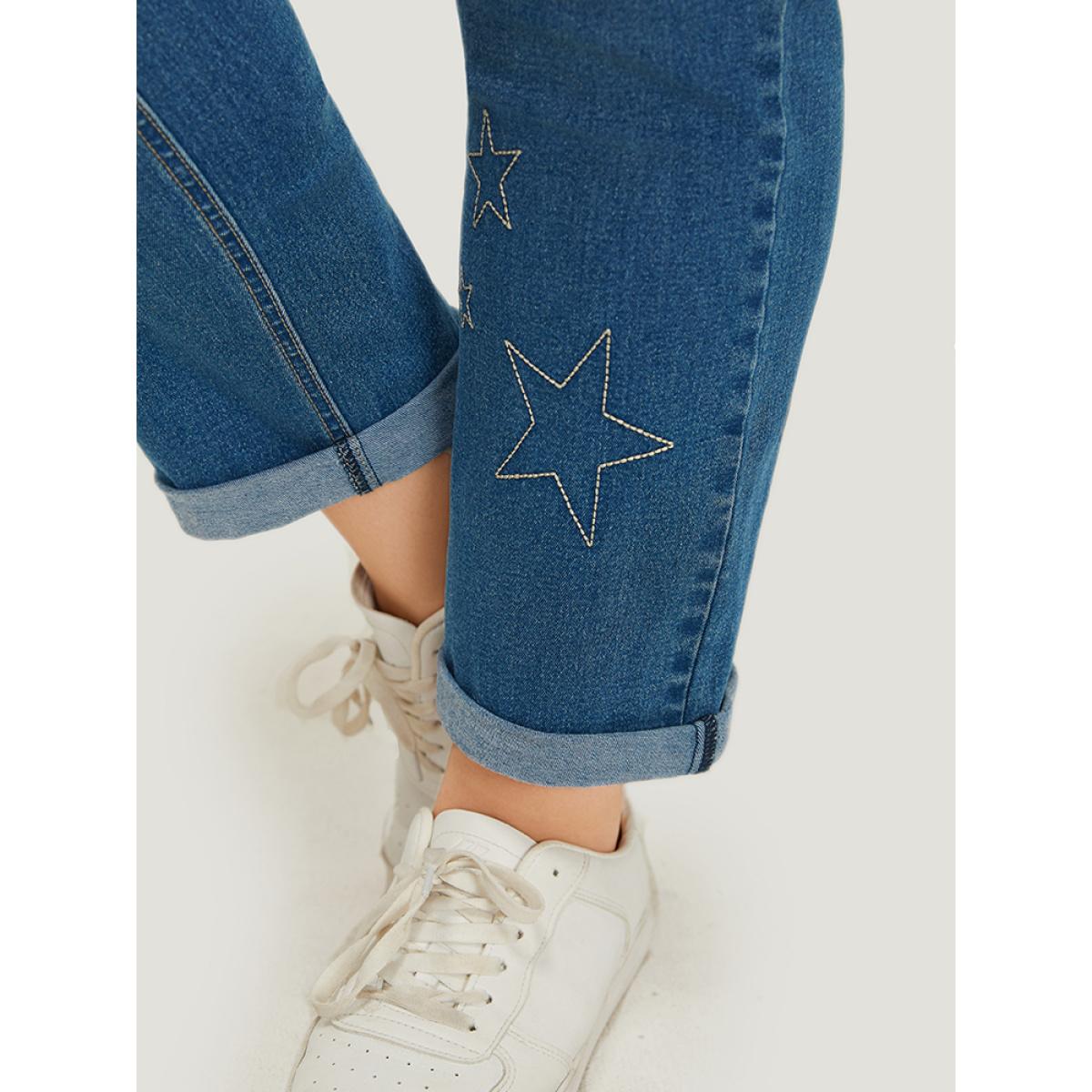 Plus Size Very Stretchy High Rise Moon & Star Embroidered Jeans Women Blue Casual Star and moon Roll Hem High stretch Pocket Jeans BloomChic 28/5X Product Image
