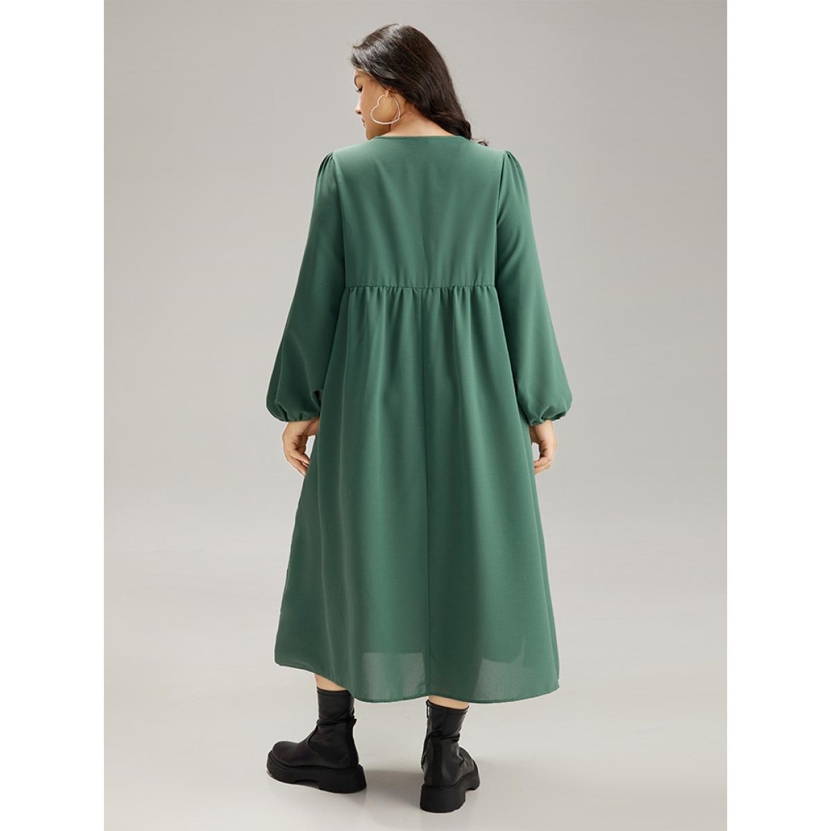 Plus Size Plain Lace Up Split Hem Lantern Sleeve Dress Mint Women Casual Elastic cuffs Tie Neck Long Sleeve Curvy Midi Dress BloomChic 30/6X Product Image