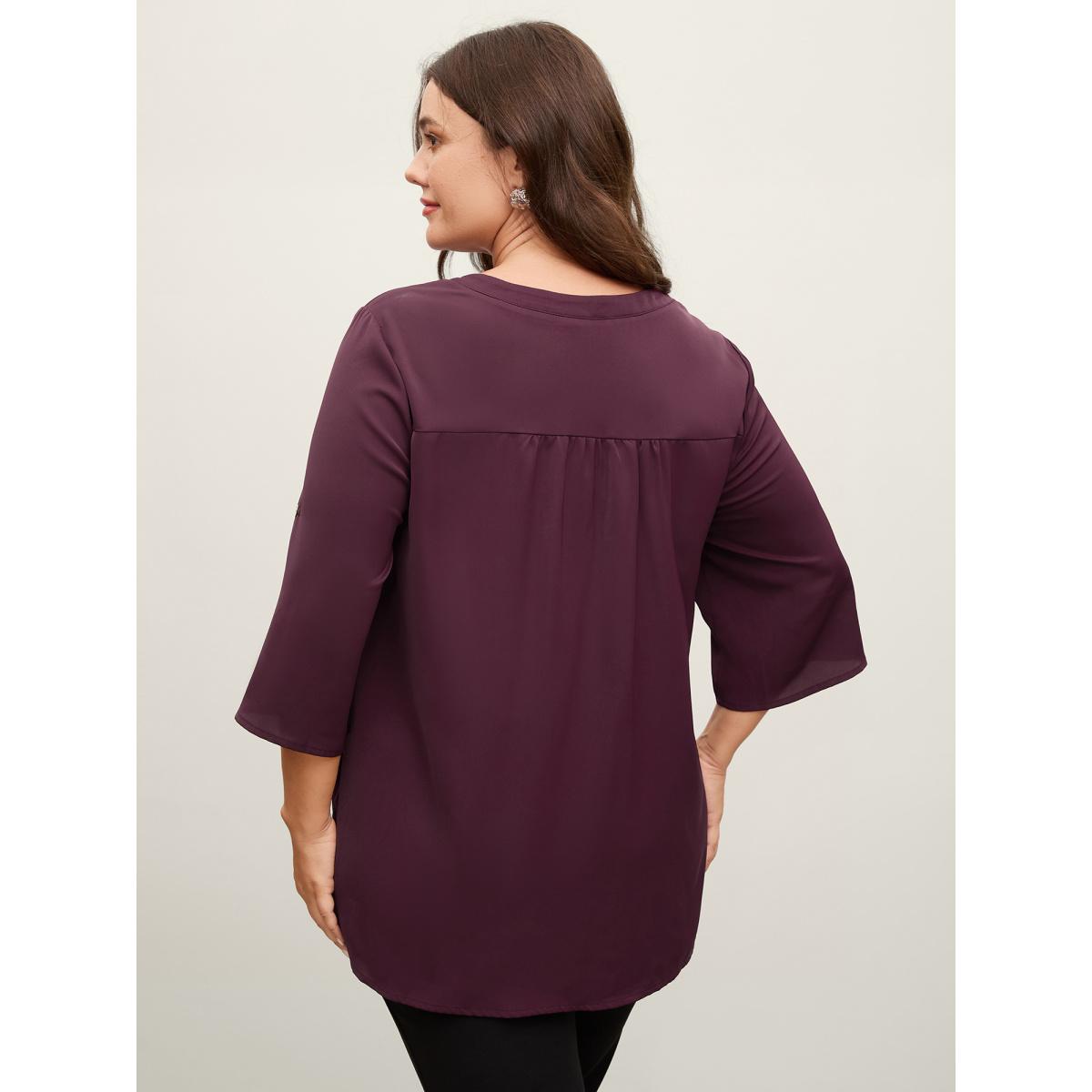 Plus Size Plum Metal Buckle Neckline Solid Blouse Women Office Elbow-length sleeve Flat collar with V-notch Office Blouses BloomChic 22-24/3X Product Image