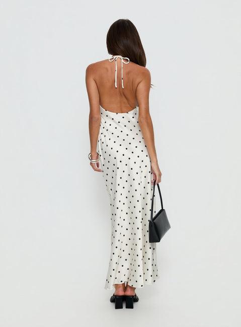 Costella Halter Satin Maxi Dress Cream Polka Dot Product Image