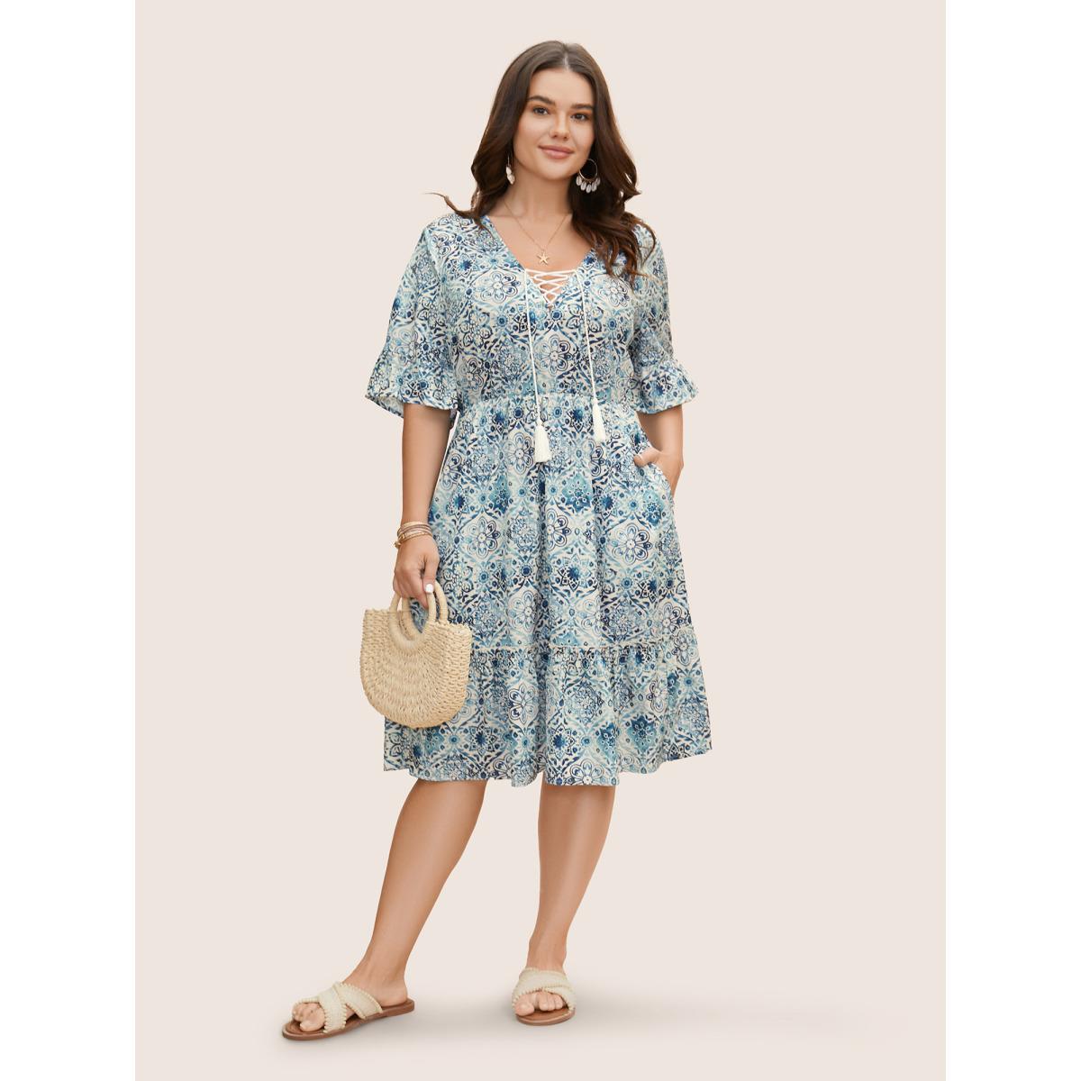Plus Size Boho Print Tassels Trim Flutter Sleeve Dress DarkBlue Women Resort Wraparound straps V-neck Half Sleeve Curvy BloomChic 18-20/2X Product Image