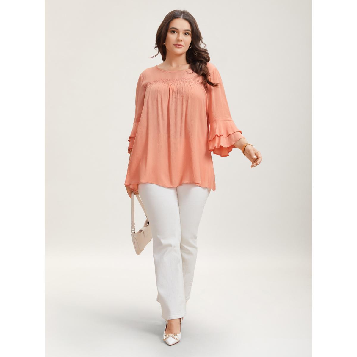 Plus Size Coral Lotus Leaf Edge Lace Spliced Shirt Women At the Office Elbow-length sleeve Round Neck Work Blouses BloomChic 18-20/2X Product Image