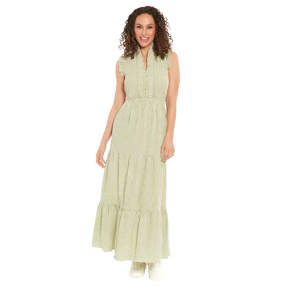 Women's London Times Smocked Waist Tiered Maxi Dress, Size: 16, Green Stripe Product Image