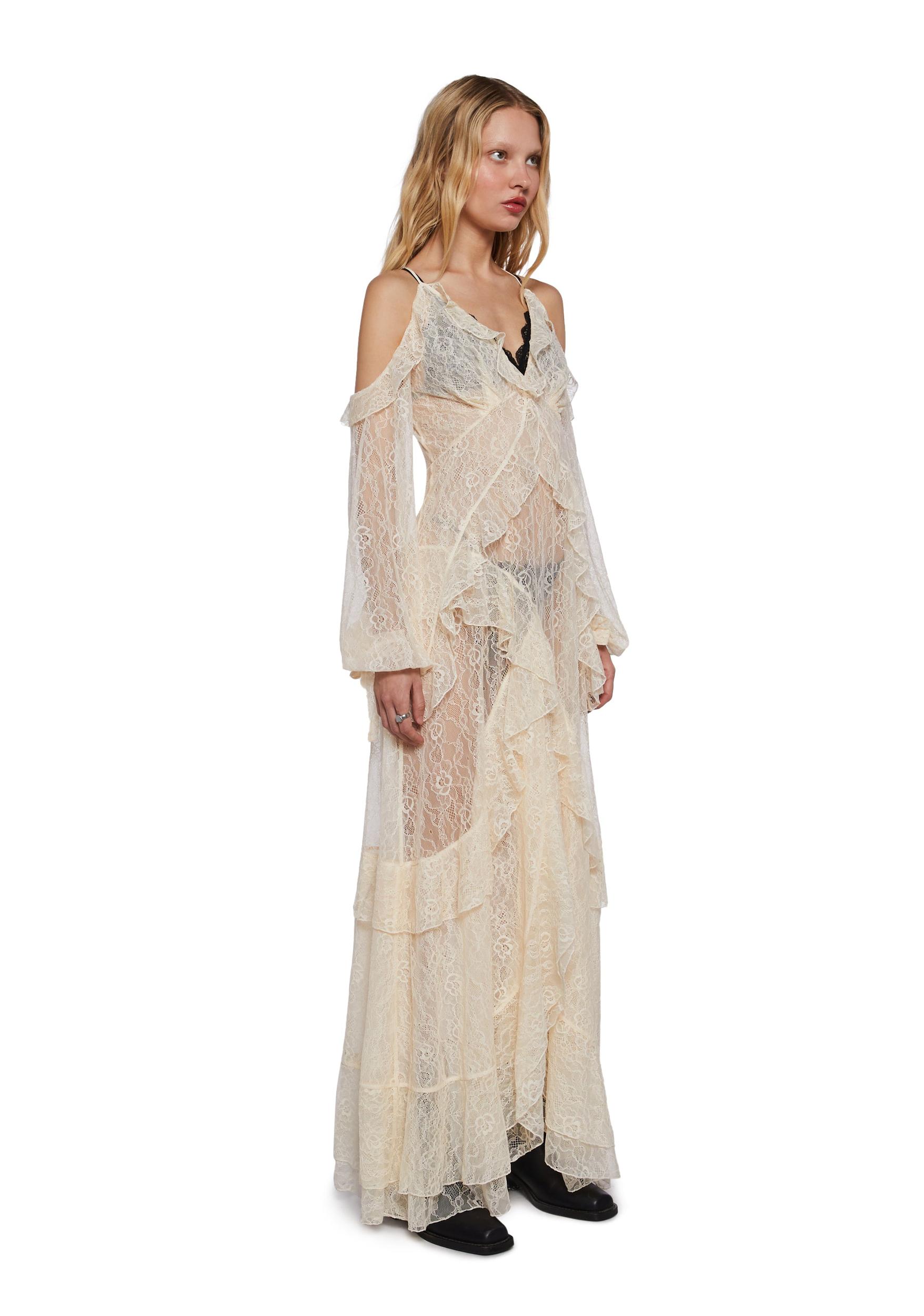 Womens Sheer Floral Lace Maxi Dress With Ruffles Current Mood - Off White Product Image