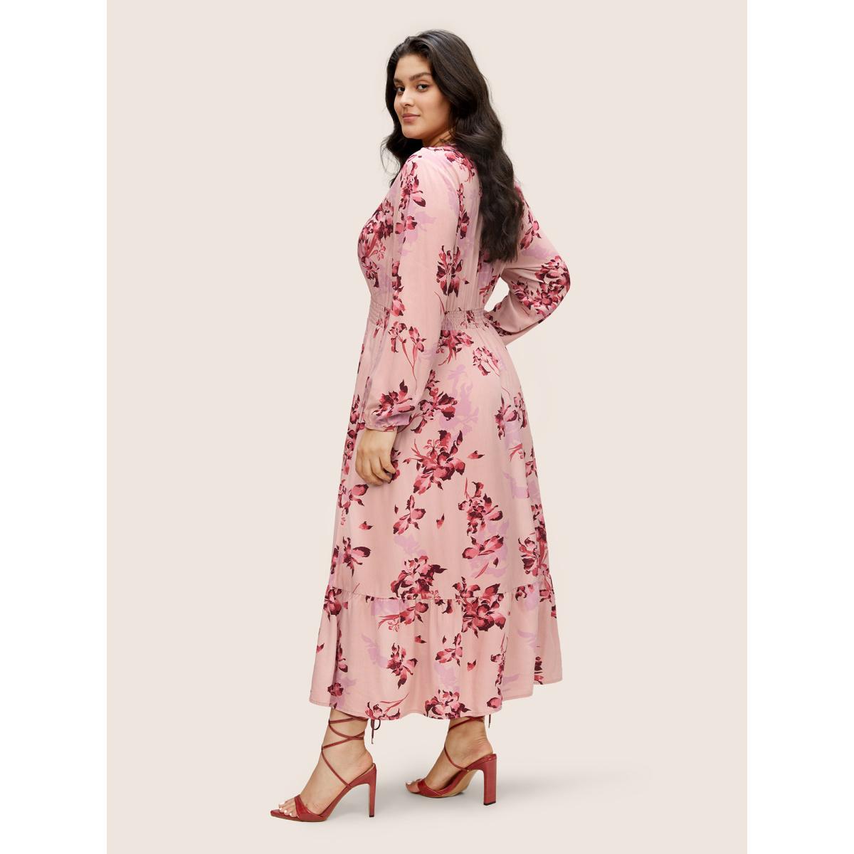 Plus Size Floral Print Surplice Neck Ruffle Layered Hem Dress Pink Women Elegant Non Overlap Collar Long Sleeve Curvy Midi Dress BloomChic 18-20/2X Product Image