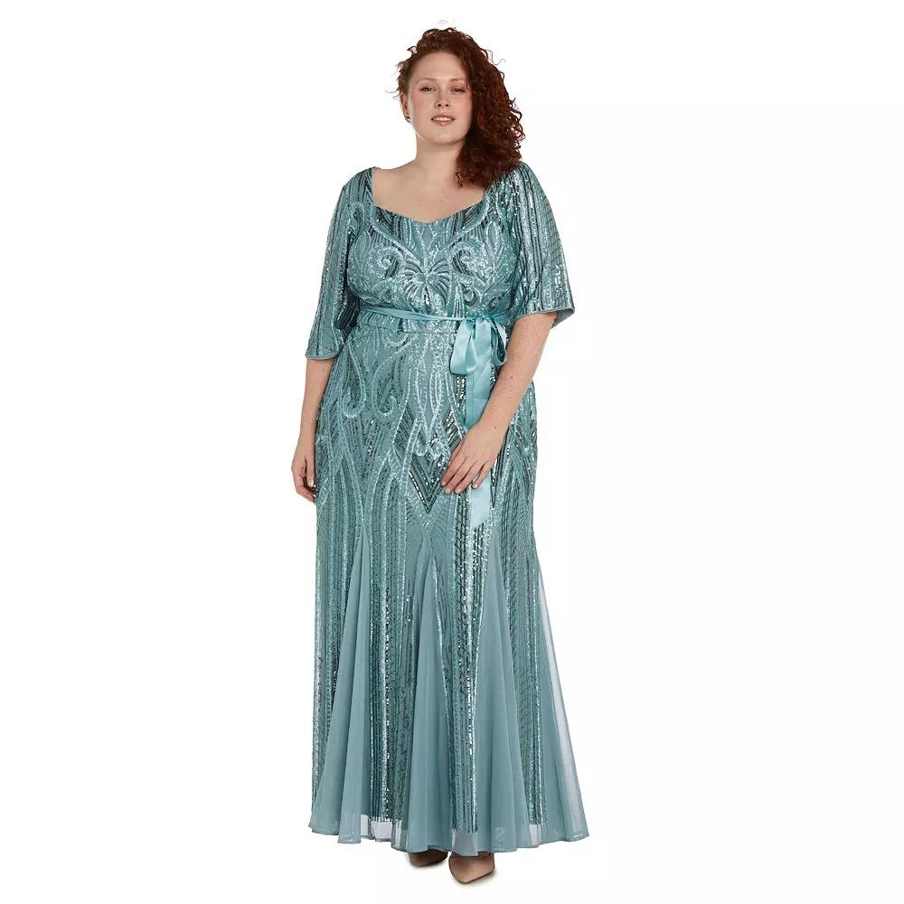 Plus Size R&M Richards Sweetheart Neckline Floral Sequin Paneled Maxi Godet Dress, Women's, Size: 20 W, Seafoam Product Image