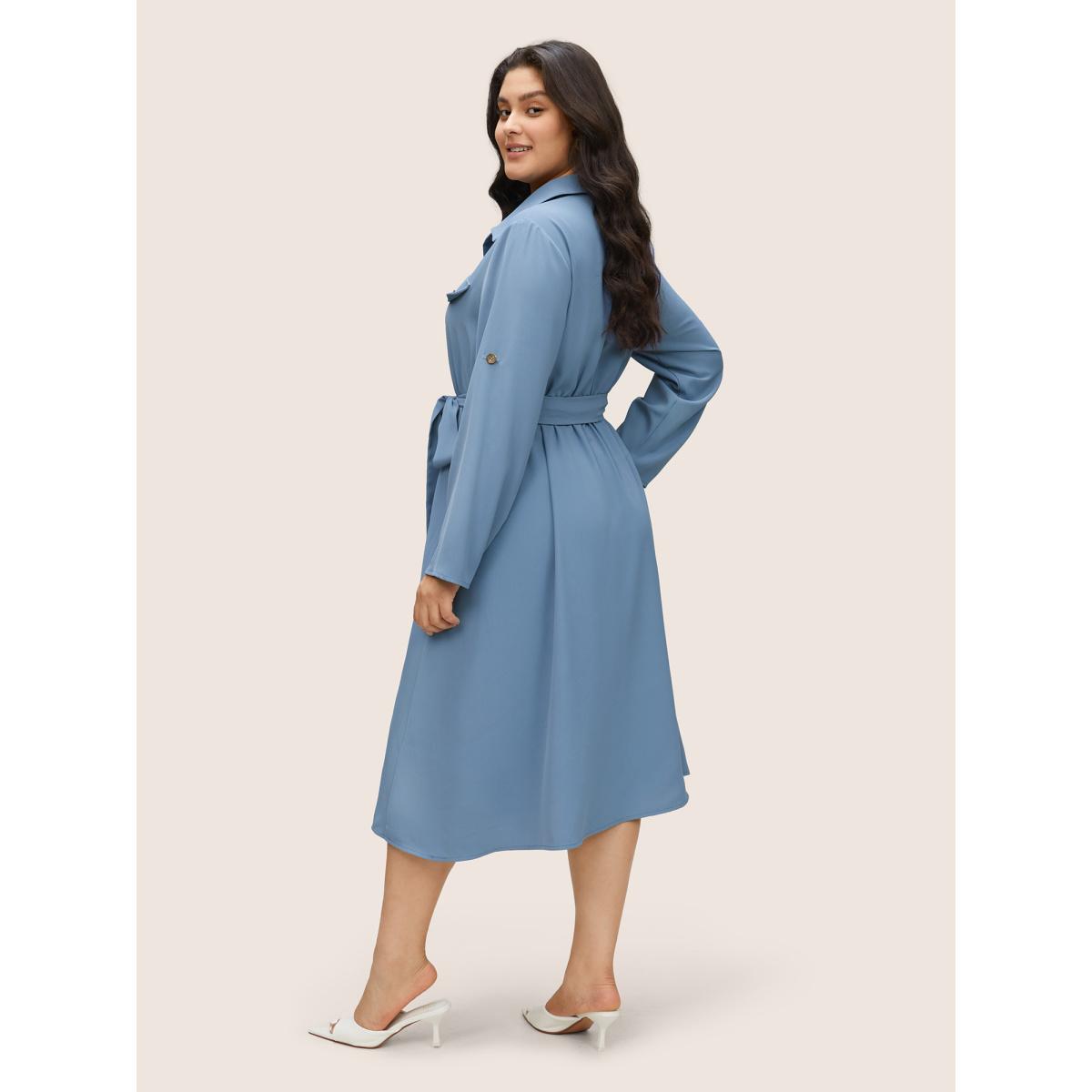 Plus Size Static-Free Solid Flap Detail Tab Sleeve Dress Stone Women Work From Home Non Shirt collar Long Sleeve Curvy Midi Dress BloomChic 28/5X Product Image