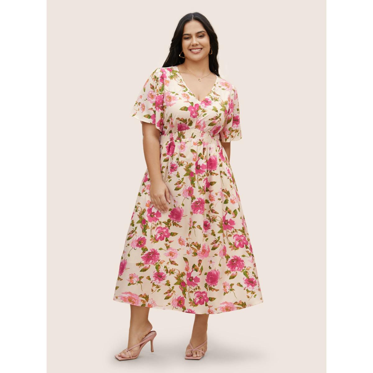 Plus Size V Neck Floral Shirred Flutter Sleeve Dress Ivory Women Elegant Shirred V-neck Short sleeve Curvy BloomChic 10/M Product Image