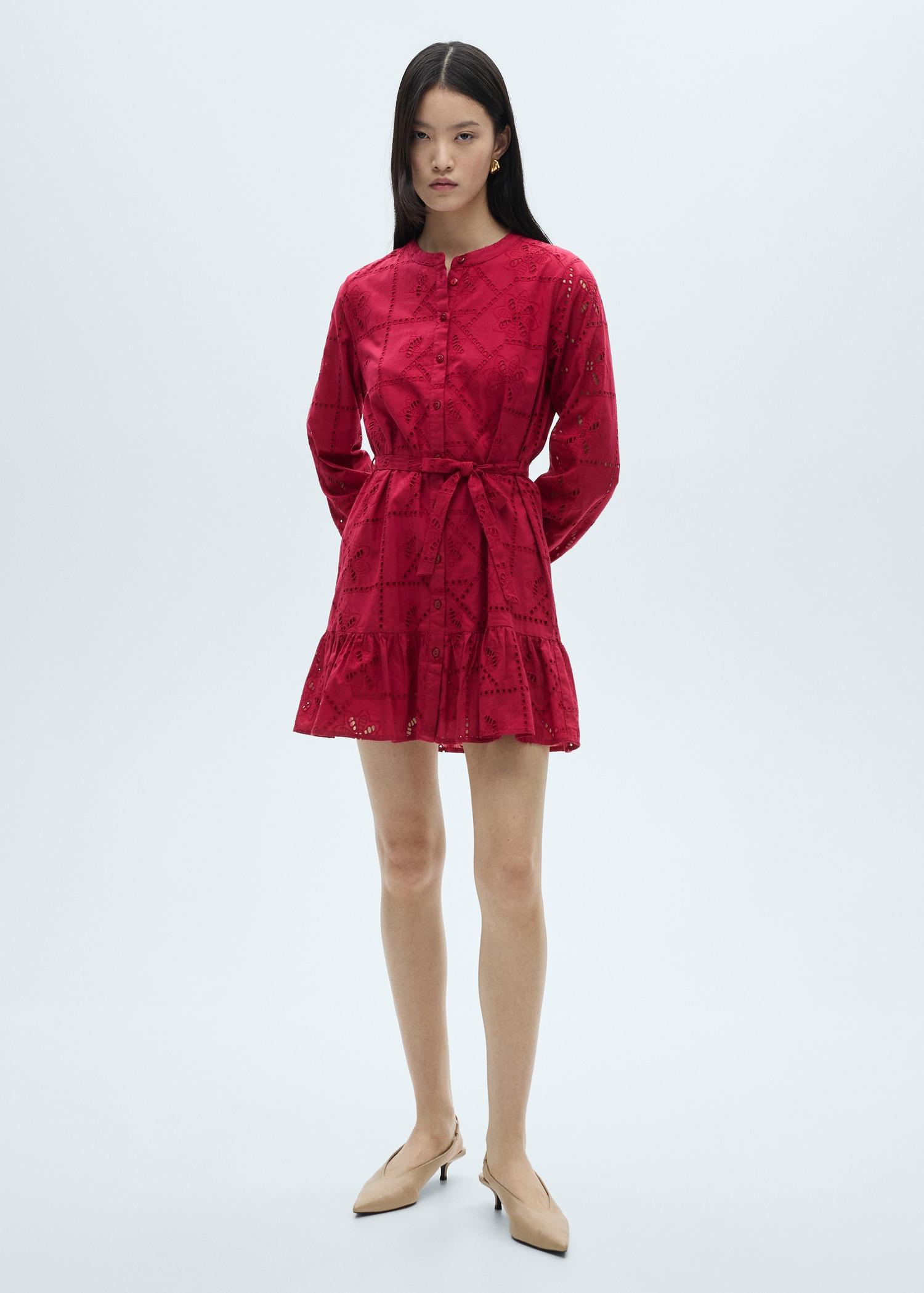 Ruffled dress with embroidered openwork - Women | MANGO USA Product Image