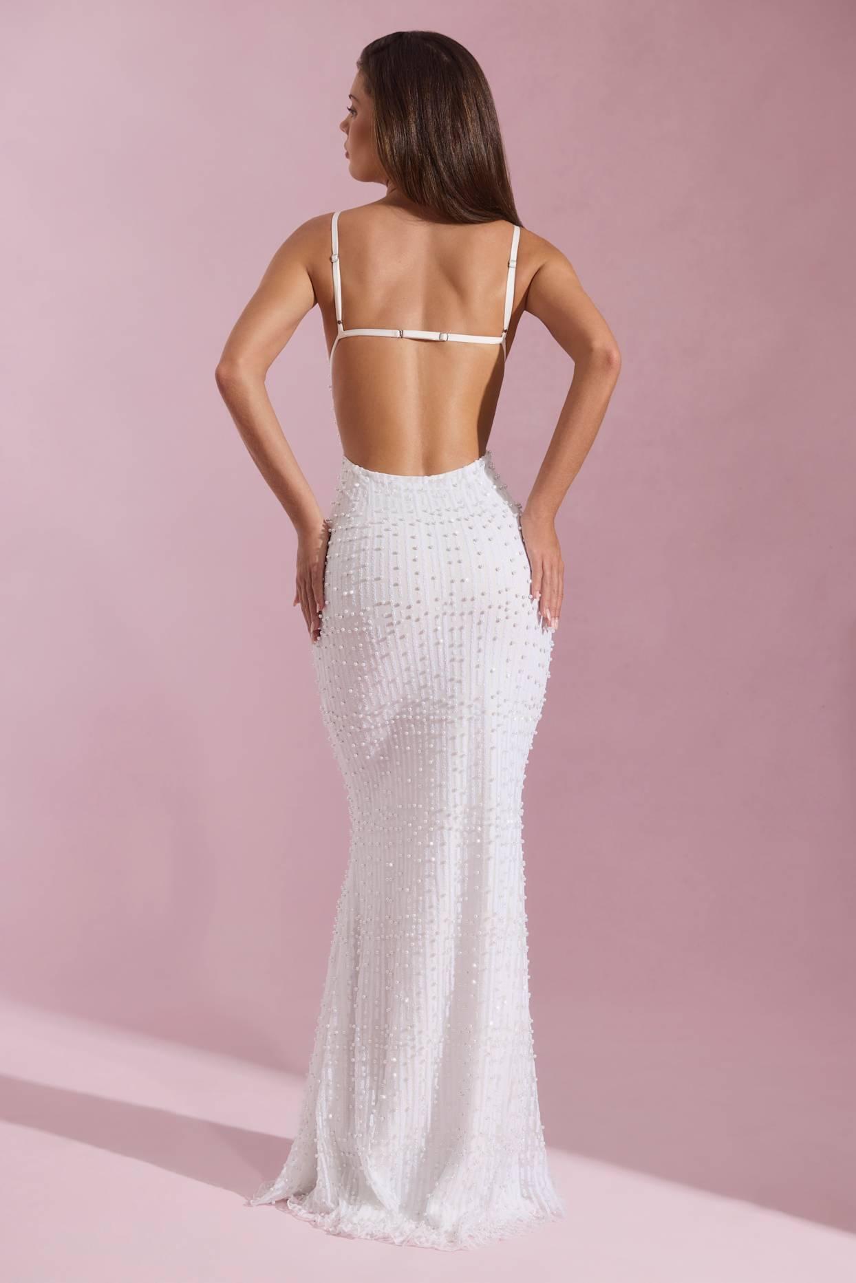 Embellished Cowl-Neck Backless Maxi Dress in White Product Image