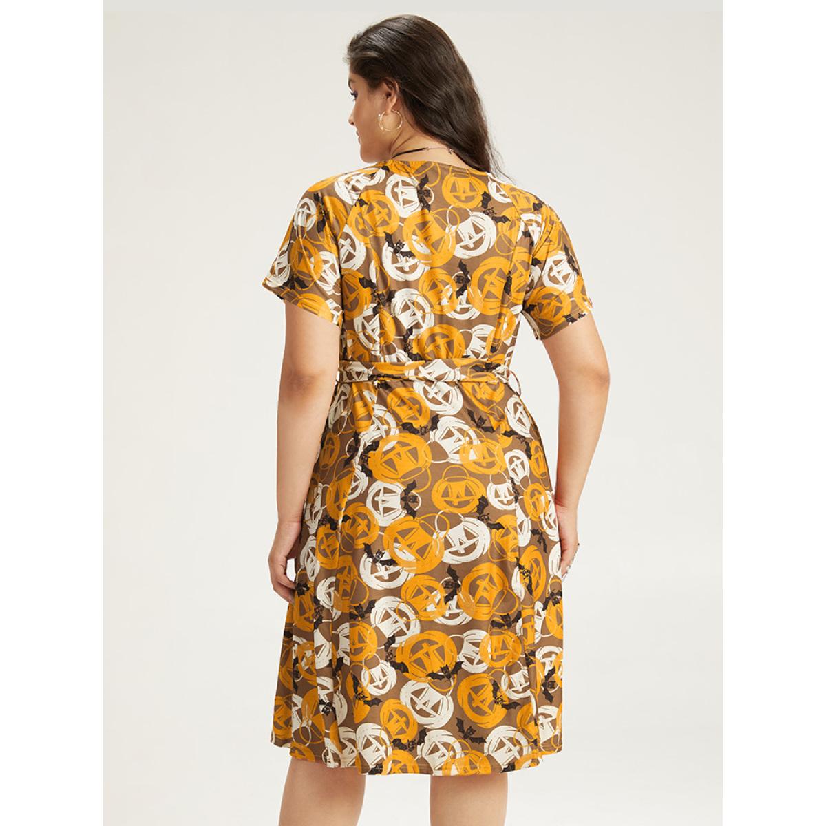 Plus Size Halloween Print Crew Neck Pocket Belted Dress Orange Women Elegant Belted Round Neck Short sleeve Curvy Midi Dress BloomChic 22-24/3X Product Image