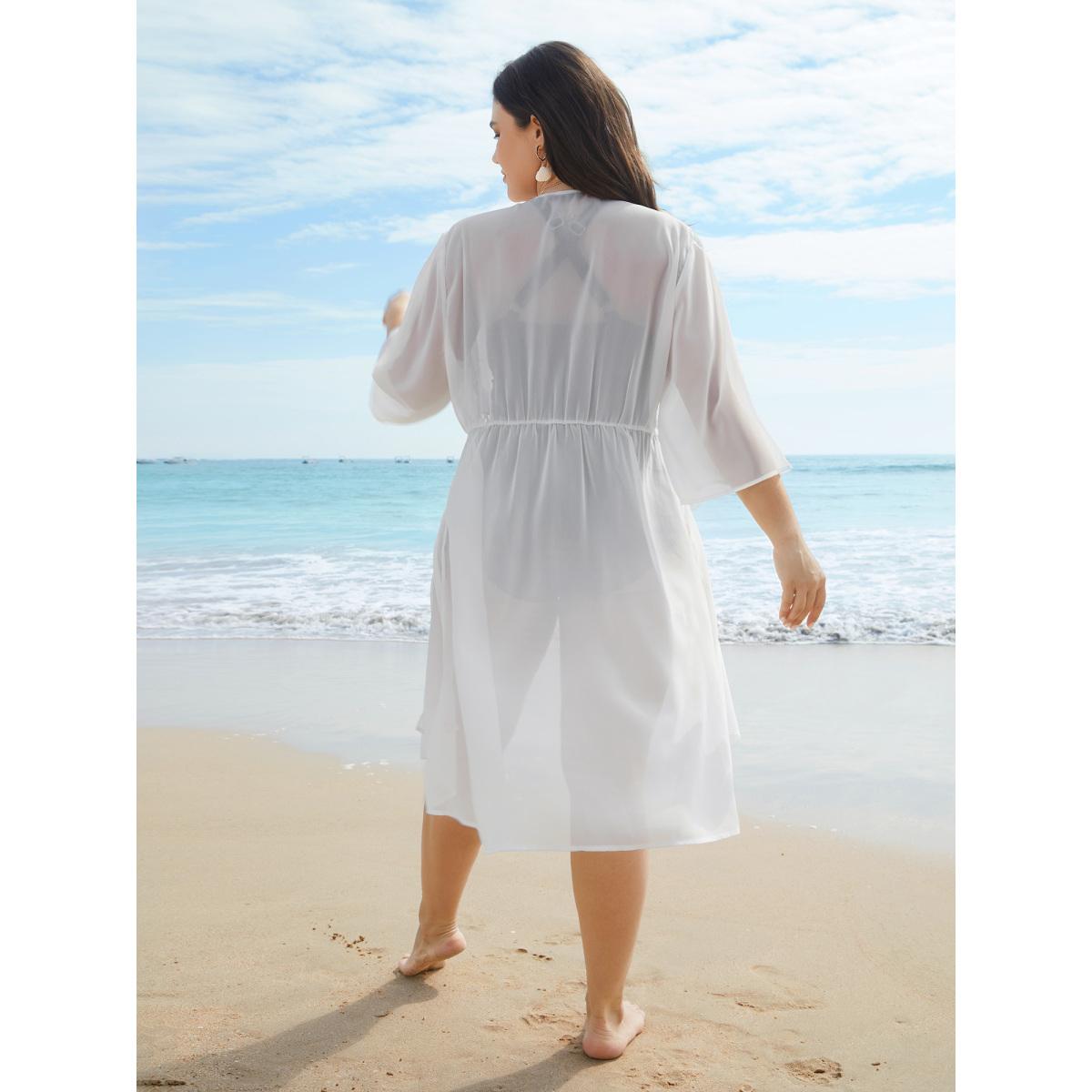 Plus Size Lace Patchwork Sheer Open-Front Kimono Women Originalwhite Elegant Woven ribbon&lace trim Everyday Kimonos BloomChic 18-20/2X Product Image