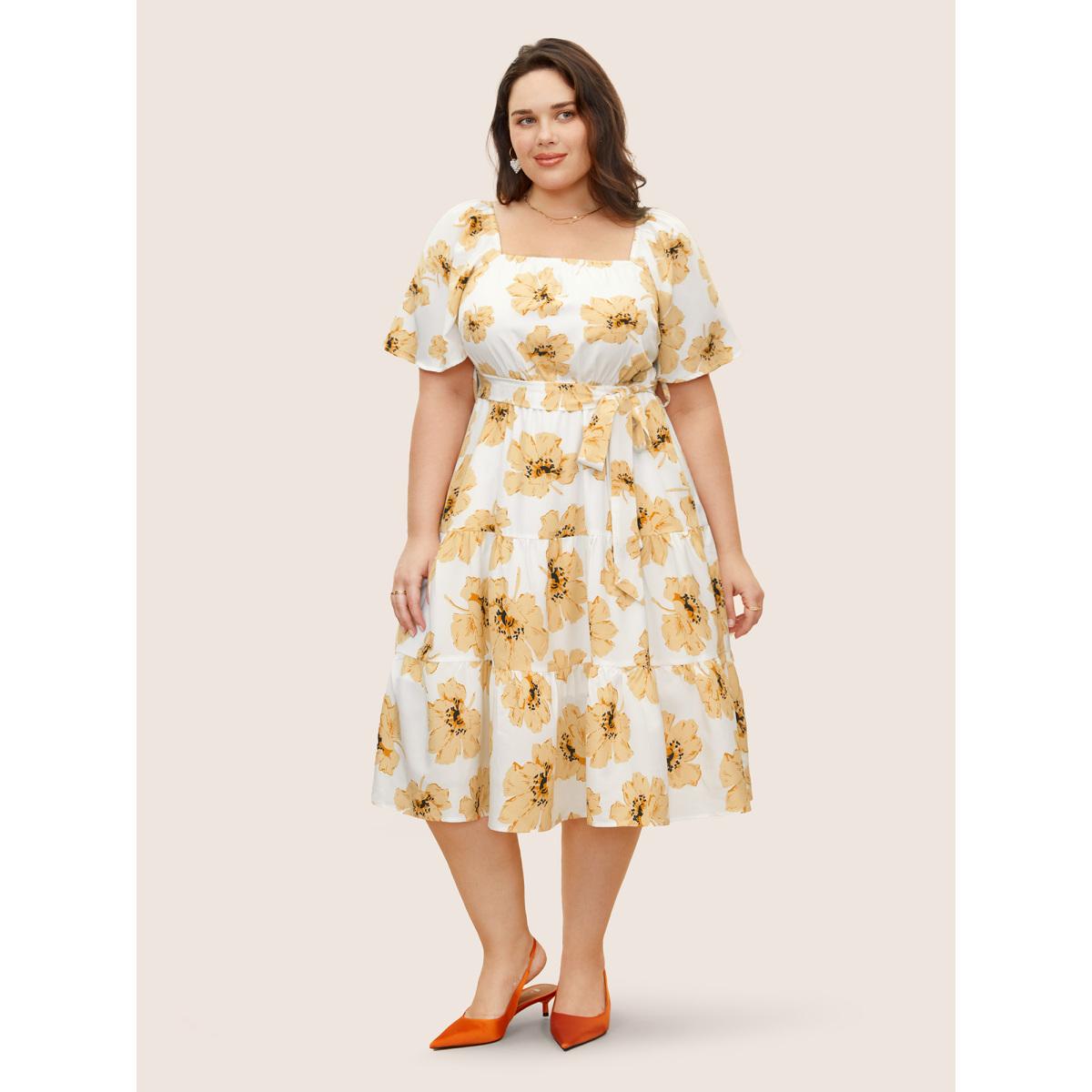 Plus Size Square Neck Floral Raglan Sleeve Belted Dress Yellow Women Elegant Belted Square Neck Short sleeve Curvy BloomChic 14-16/1X Product Image