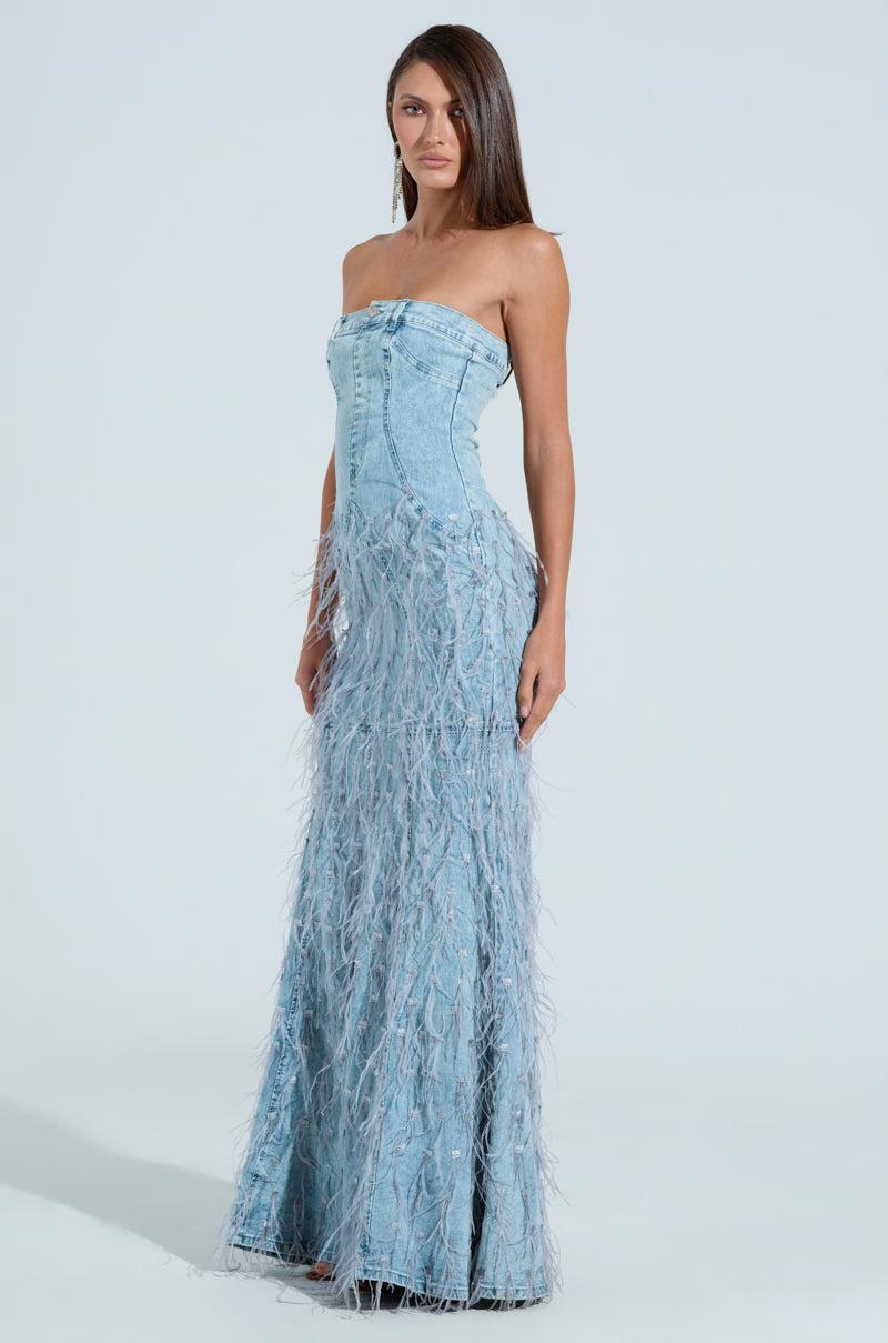 BRITTANY FEATHER DENIM MAXI DRESS Product Image